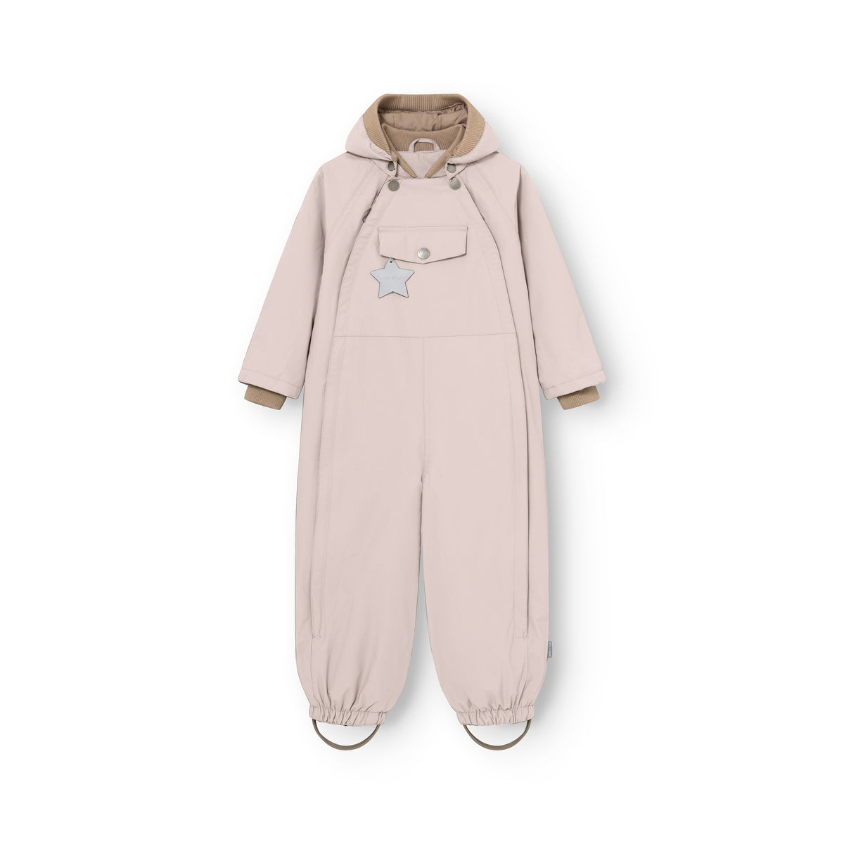 MATWISTO all season coverall in soft pink, photographed flat against a white background to highlight the chest pocket with reflective star detail, press-stud hood fastening, elasticated ankle cuffs and the suit's clean, streamlined silhouette.