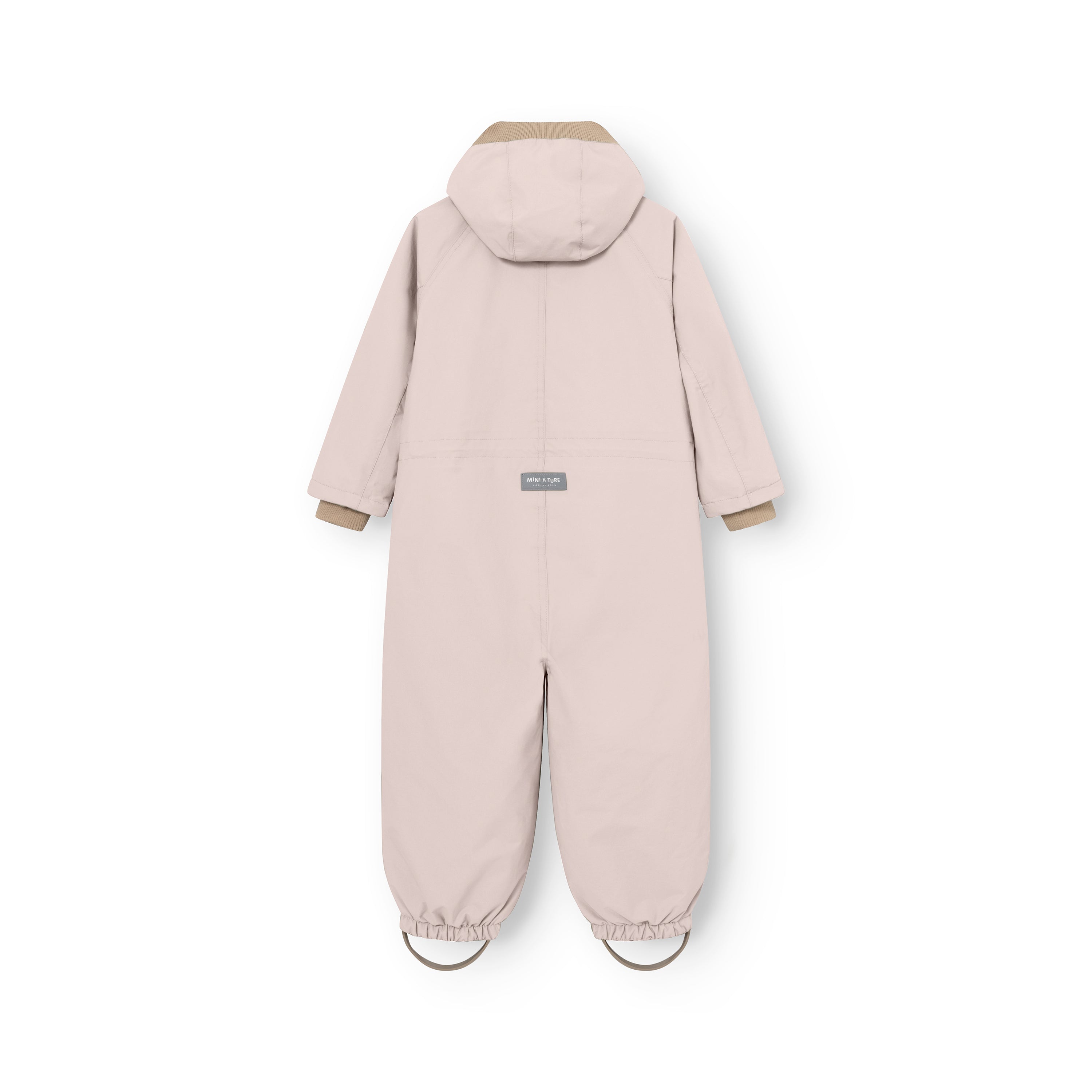 MATWISTO all season coverall in pale pink, photographed from the back to show the detachable hood, MINI A TURE reflex label at the lower back, ribbed cuffs and removable foot straps with elasticated ankle openings.