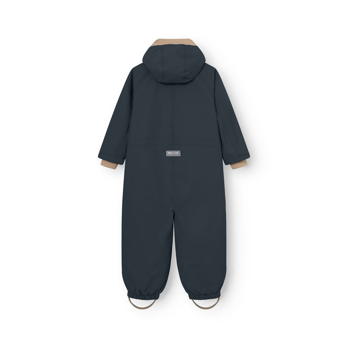 MATWISTO all season coverall in dark blue, photographed from the back to show the detachable hood, MINI A TURE reflex label at the lower back, contrasting beige ribbed cuffs and removable foot straps with elasticated ankle openings.