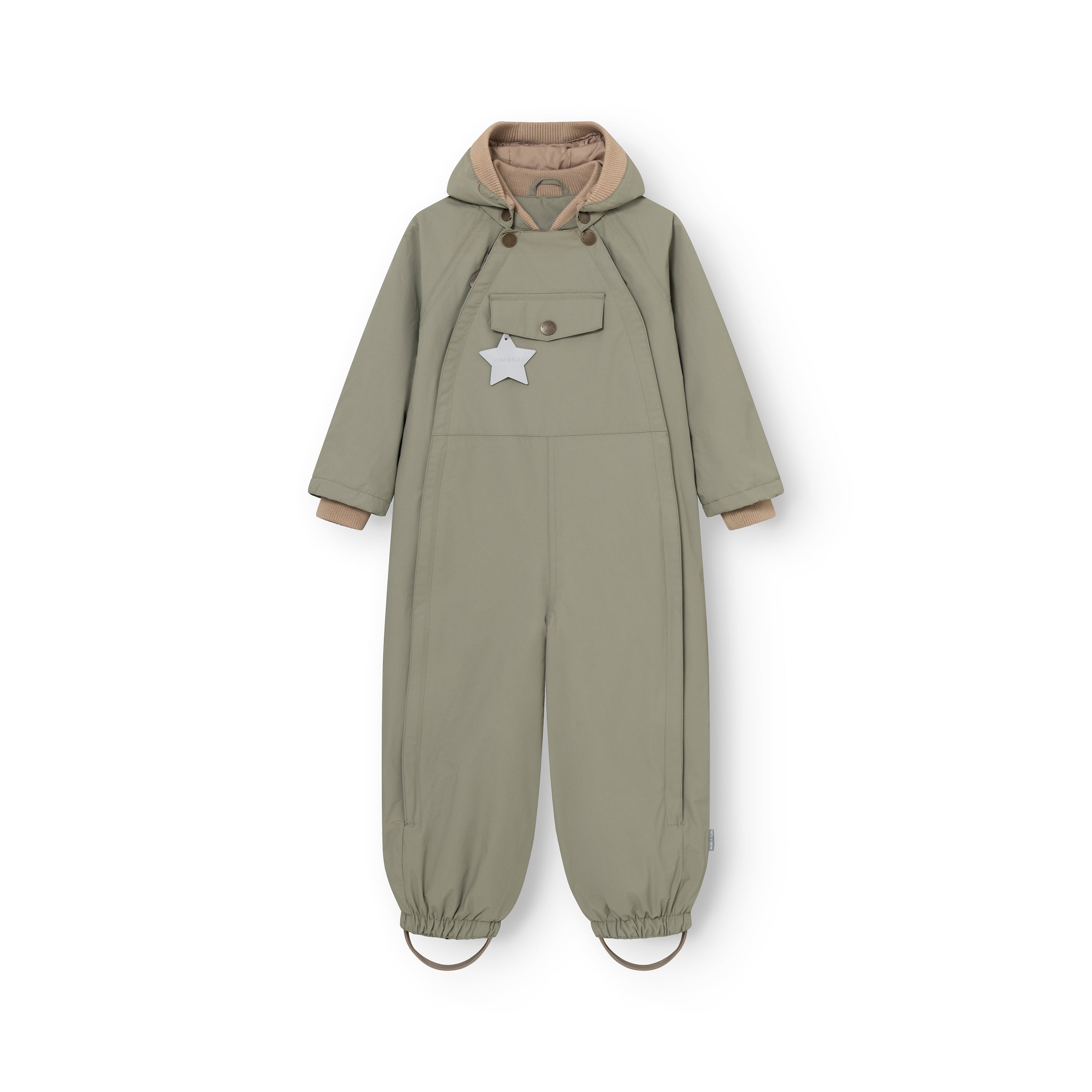 MATWISTO all season coverall in green, photographed from the back to display the detachable hood, MINI A TURE logo label, fully taped seam construction and removable foot straps with elastic ankle cuffs.