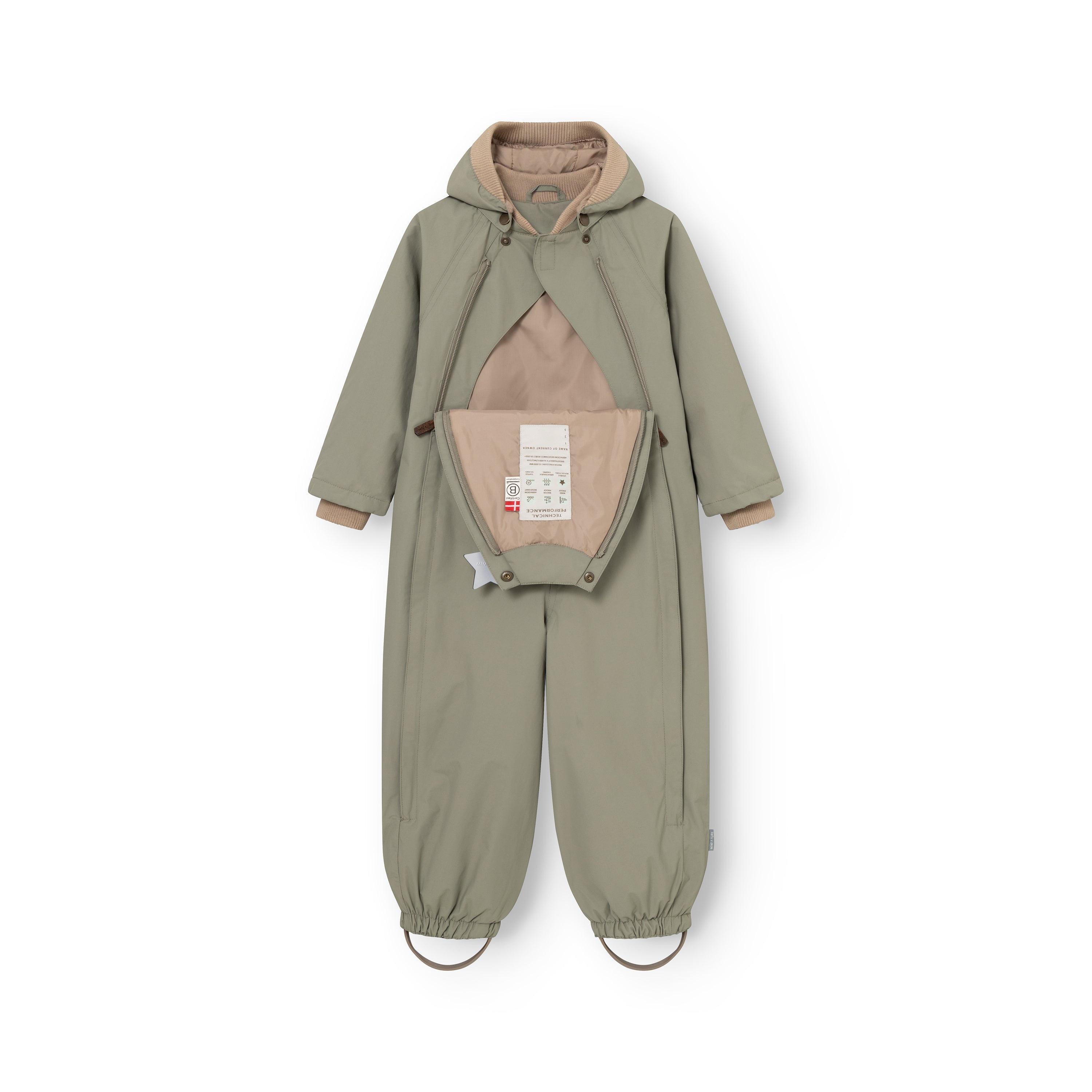 MINI A TURE MATWISTO ALL SEASON suit for children in green with smooth outer fabric, front zip opening and detachable hood
