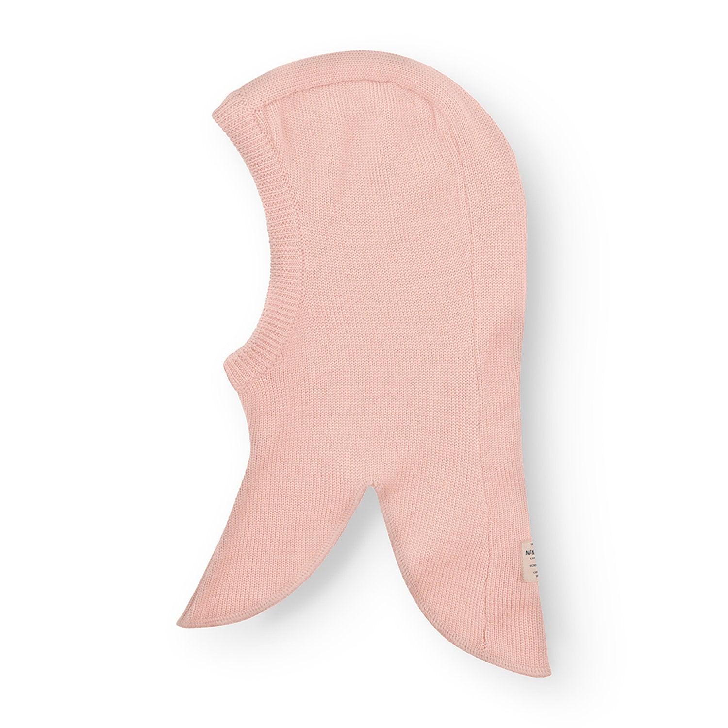MATKEA light balaclava in soft pink merino wool, shown flat to reveal the contoured shape with integrated neck flap and facial opening, designed for comfortable layering beneath helmets or winter headwear.