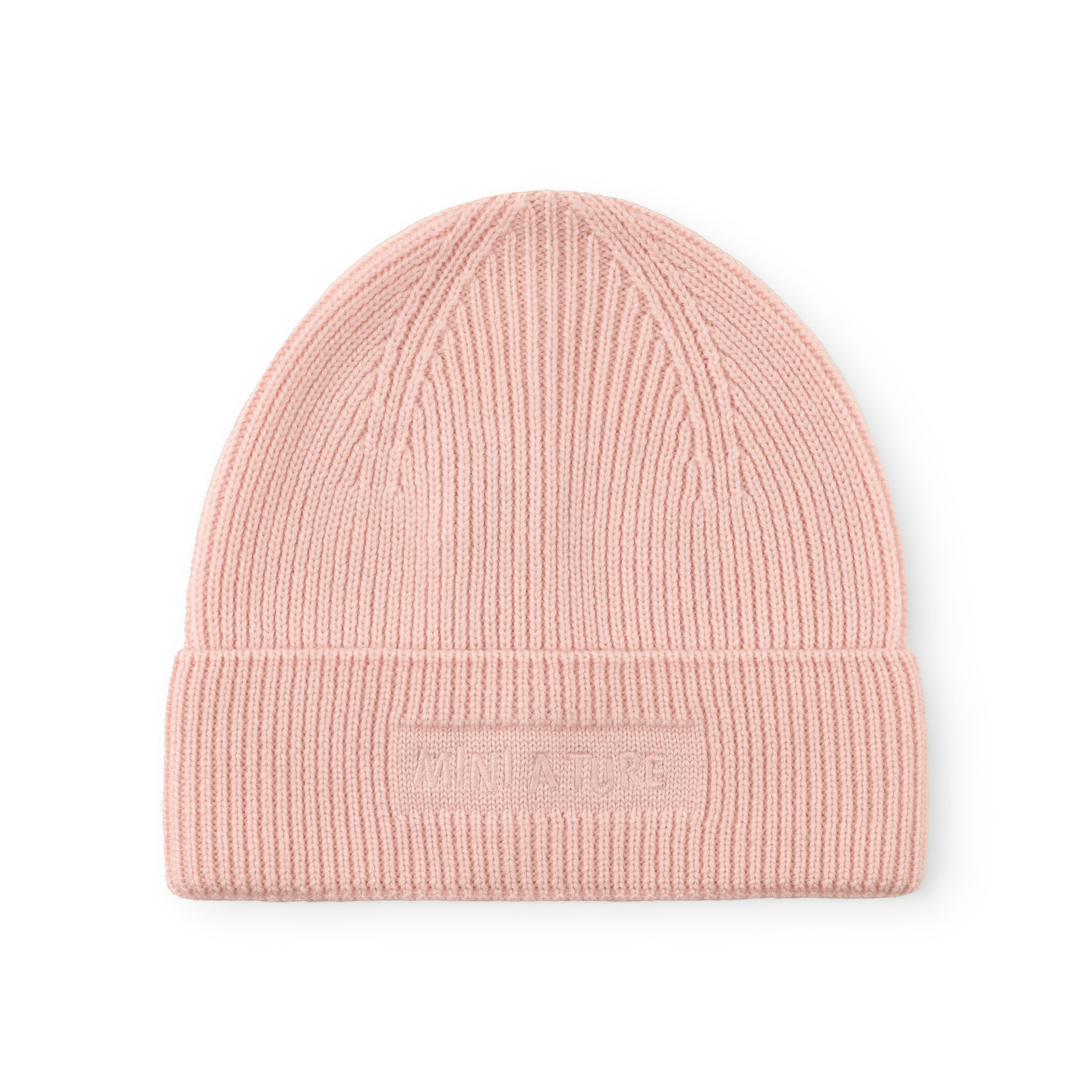 MATBOJE beanie in soft pink merino wool with a ribbed knit and fold-up brim, laid flat against a white background showing the embroidered MINI A TURE logo.