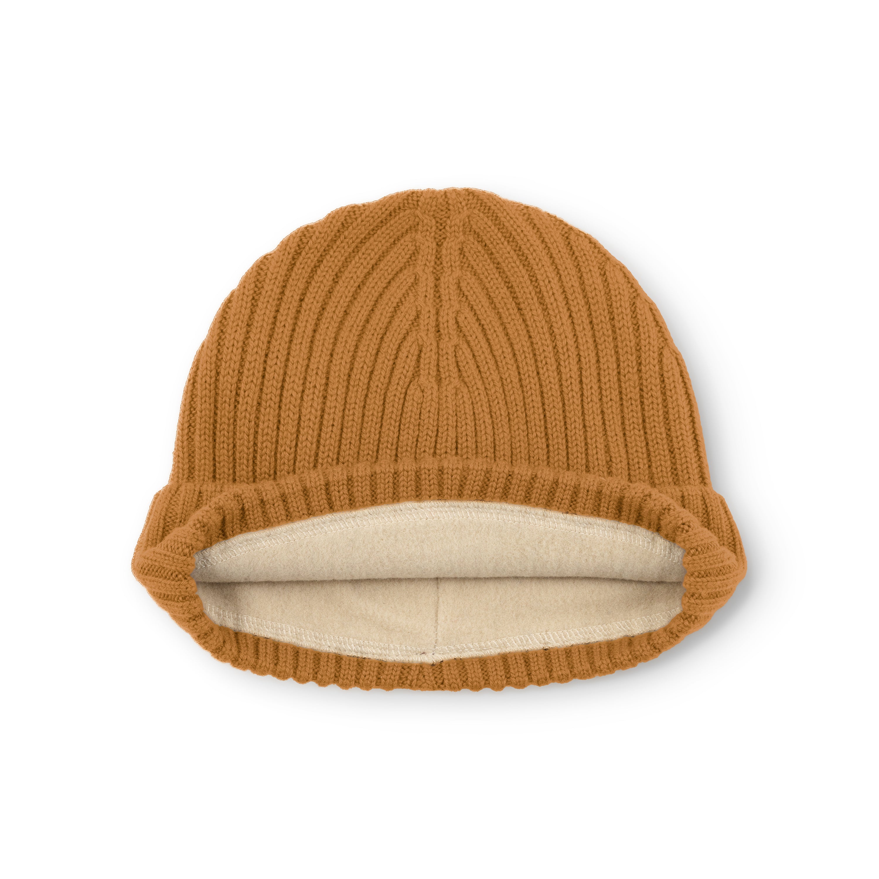 MATBOJE fleece lined beanie in caramel merino wool laid flat to show the fold-up brim fully turned back, exposing the cream recycled polyester fleece lining that provides additional warmth and comfort.