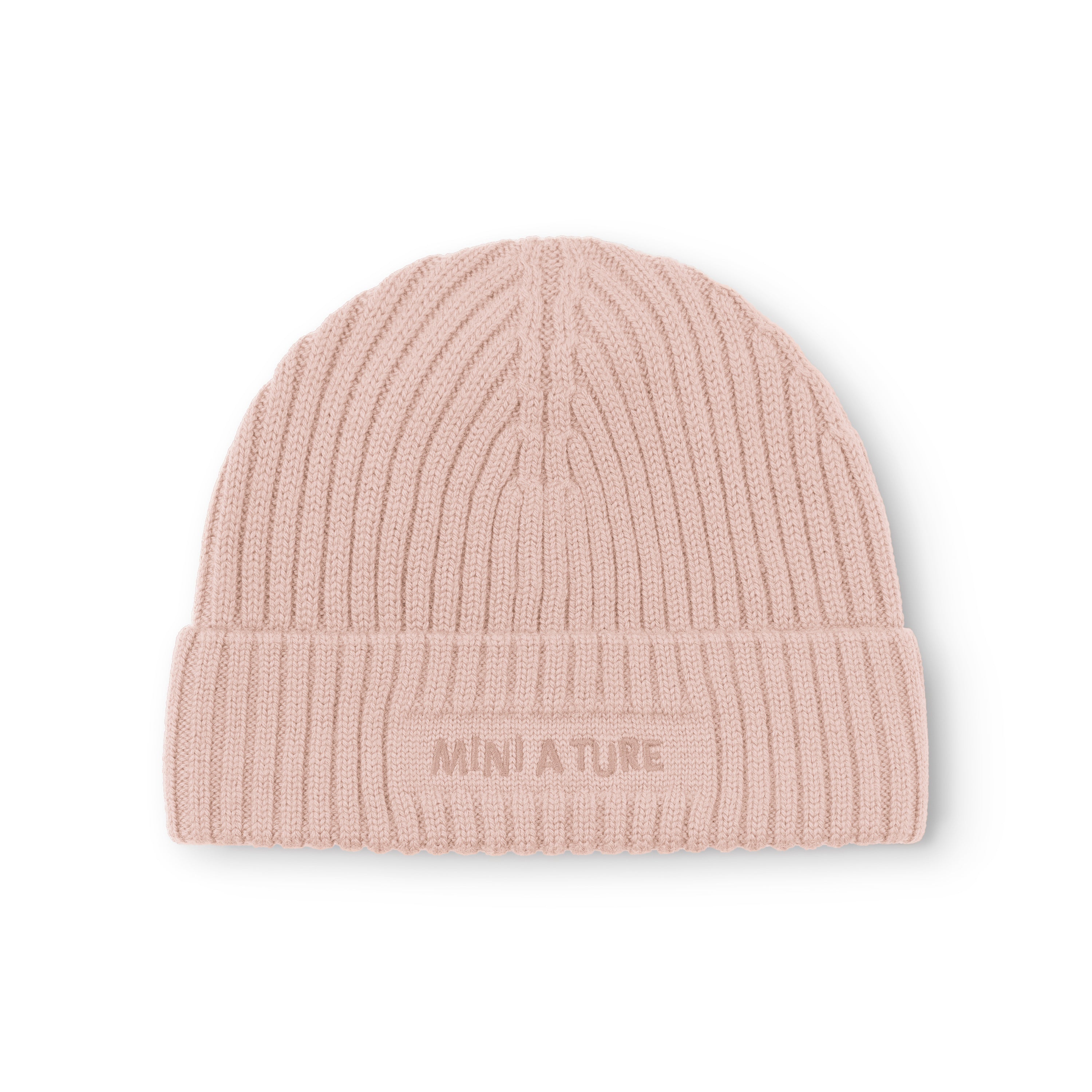 MATBOJE fleece lined beanie in soft pink merino wool with ribbed knit construction, fold-up brim and embroidered MINI A TURE logo at the front.