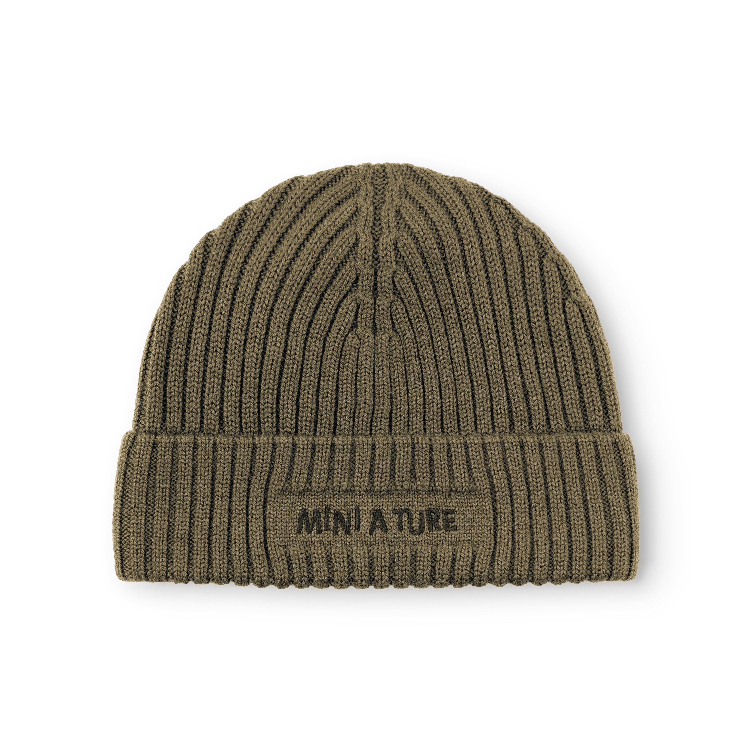 MATBOJE fleece lined beanie in olive green merino wool with fold-up brim worn in place, displaying the embroidered MINI A TURE logo and classic ribbed knit structure.