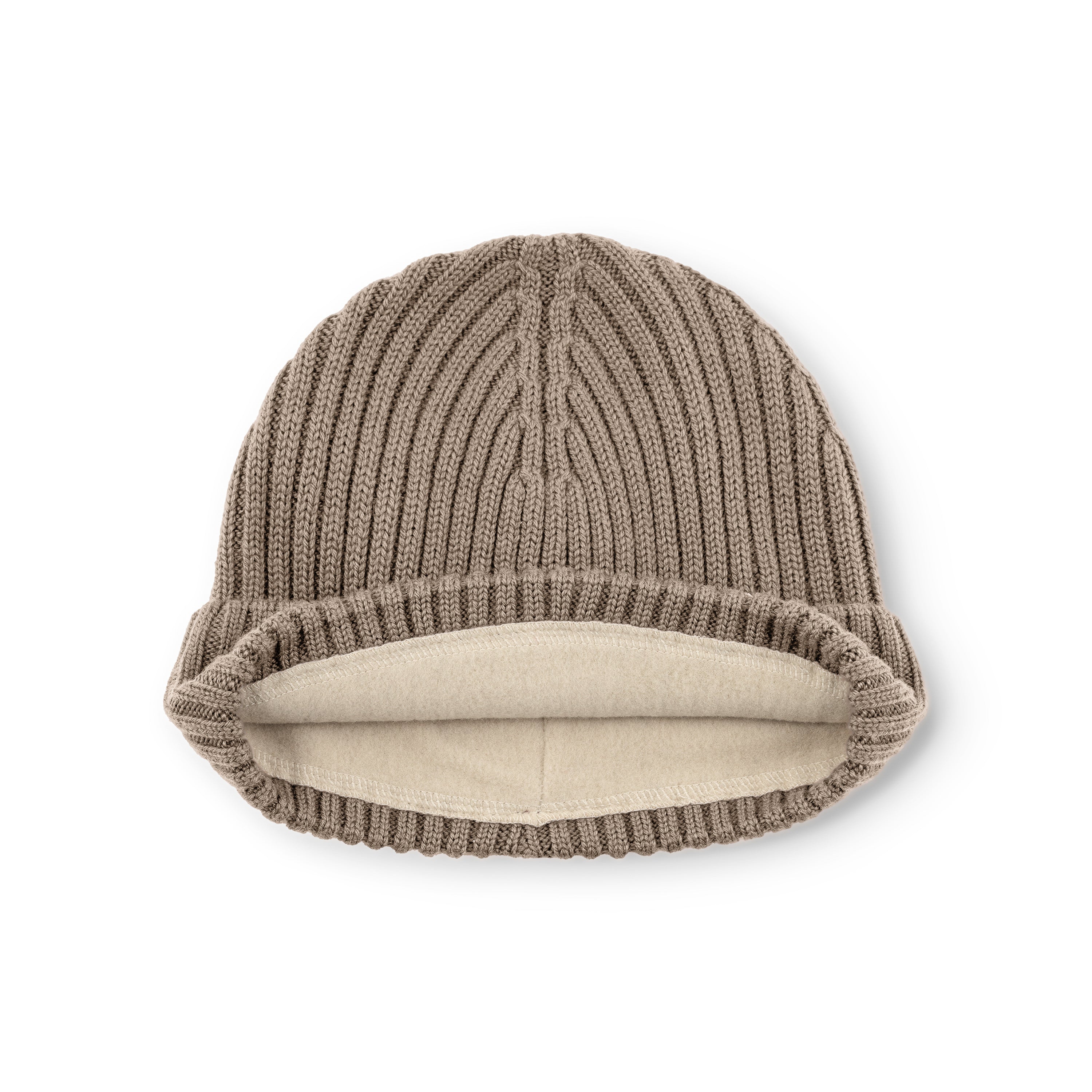 MATBOJE fleece lined beanie in taupe merino wool laid flat with the fold-up brim turned back, displaying the cream fleece lining and the ribbed knit construction across the crown.