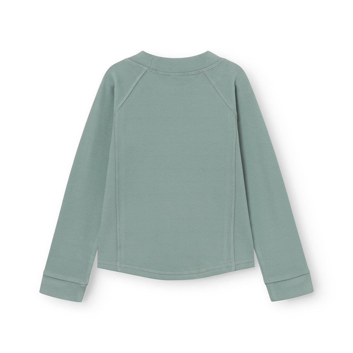 Rückansicht des MATLENIE Fleece-Langarmshirts in Hellgrün mit sichtbaren Raglan-Nähten, Rundhalsausschnitt und eng anliegenden Ärmelbündchen, flach auf weißem Hintergrund liegend.