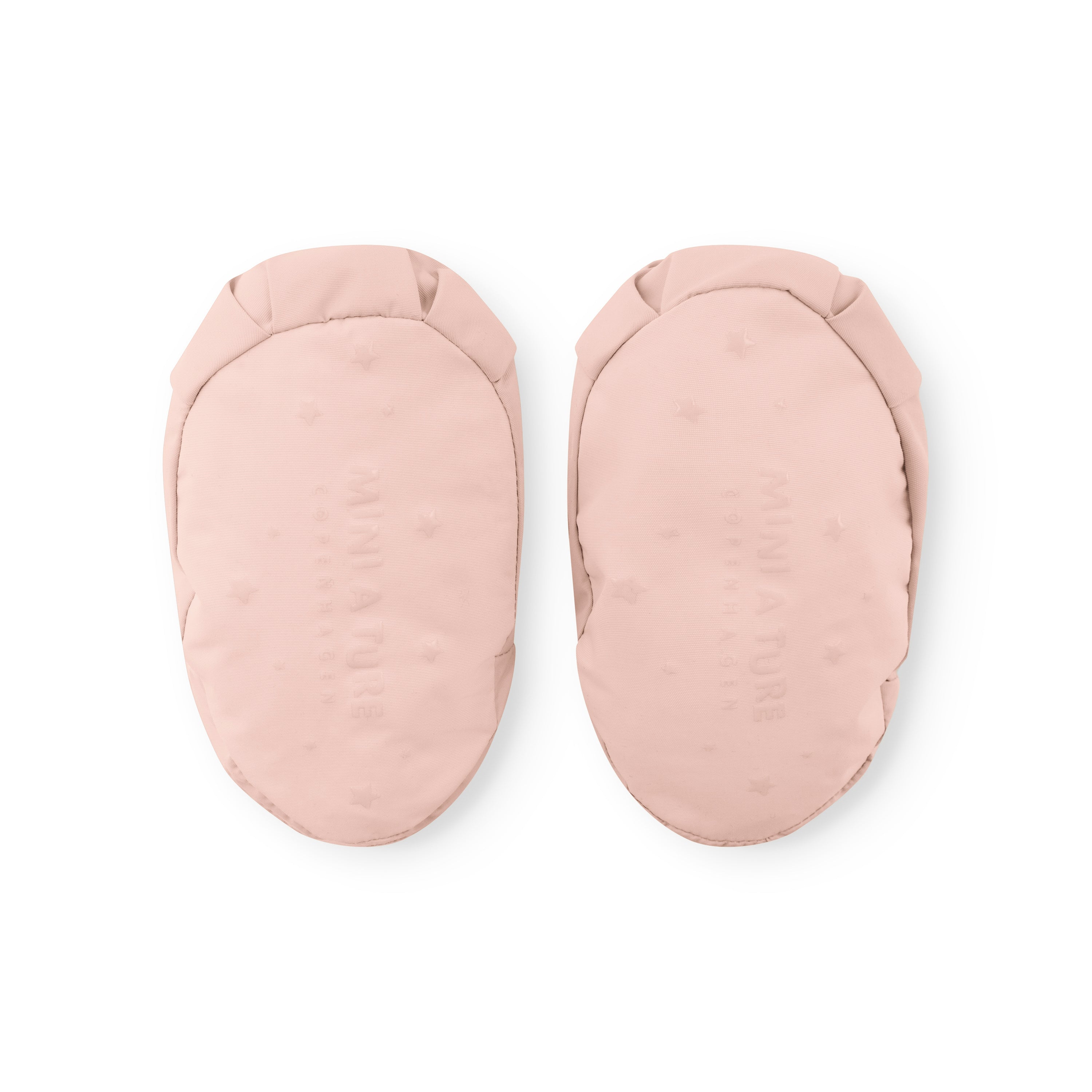 MATWINN waterproof baby outdoor socks in soft pink with taped seams and THERMOLITE padding, shown from the sole view to display the durable recycled polyamide base and flexible construction for non-walking babies.