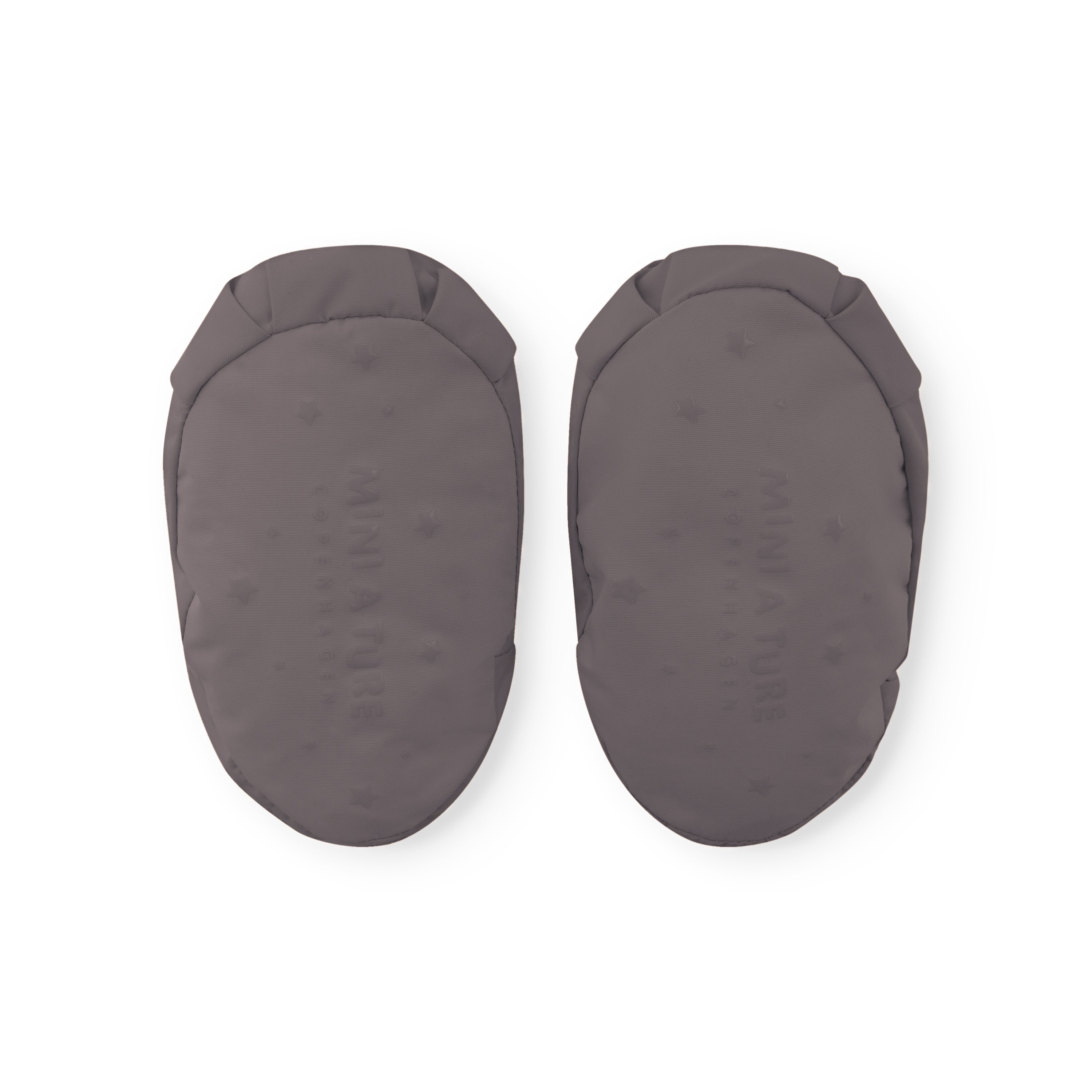 MATWINN fleece lined baby outdoor socks in slate grey photographed from above as a pair, showing the smooth waterproof recycled polyamide upper and elasticated ankle opening for cold-weather protection during pram journeys.