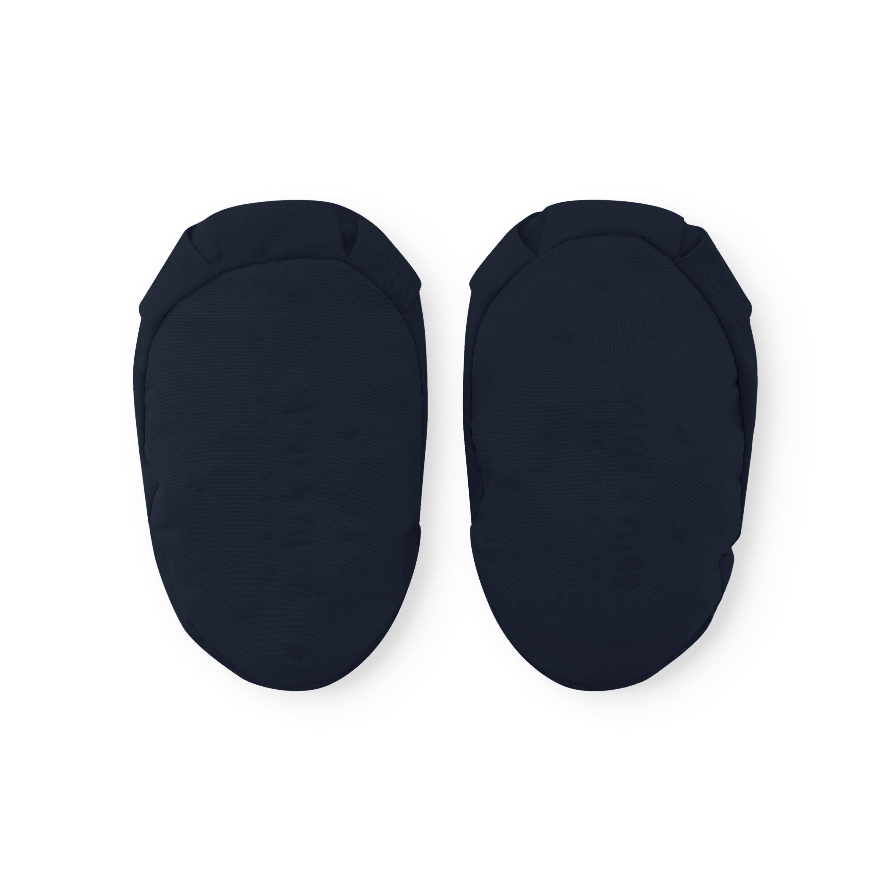 MATWINN insulated baby outdoor socks in midnight navy photographed as a pair from directly above, showing the smooth waterproof recycled polyamide upper and elasticated ankle cuff for secure fit during cold-weather pram outings.