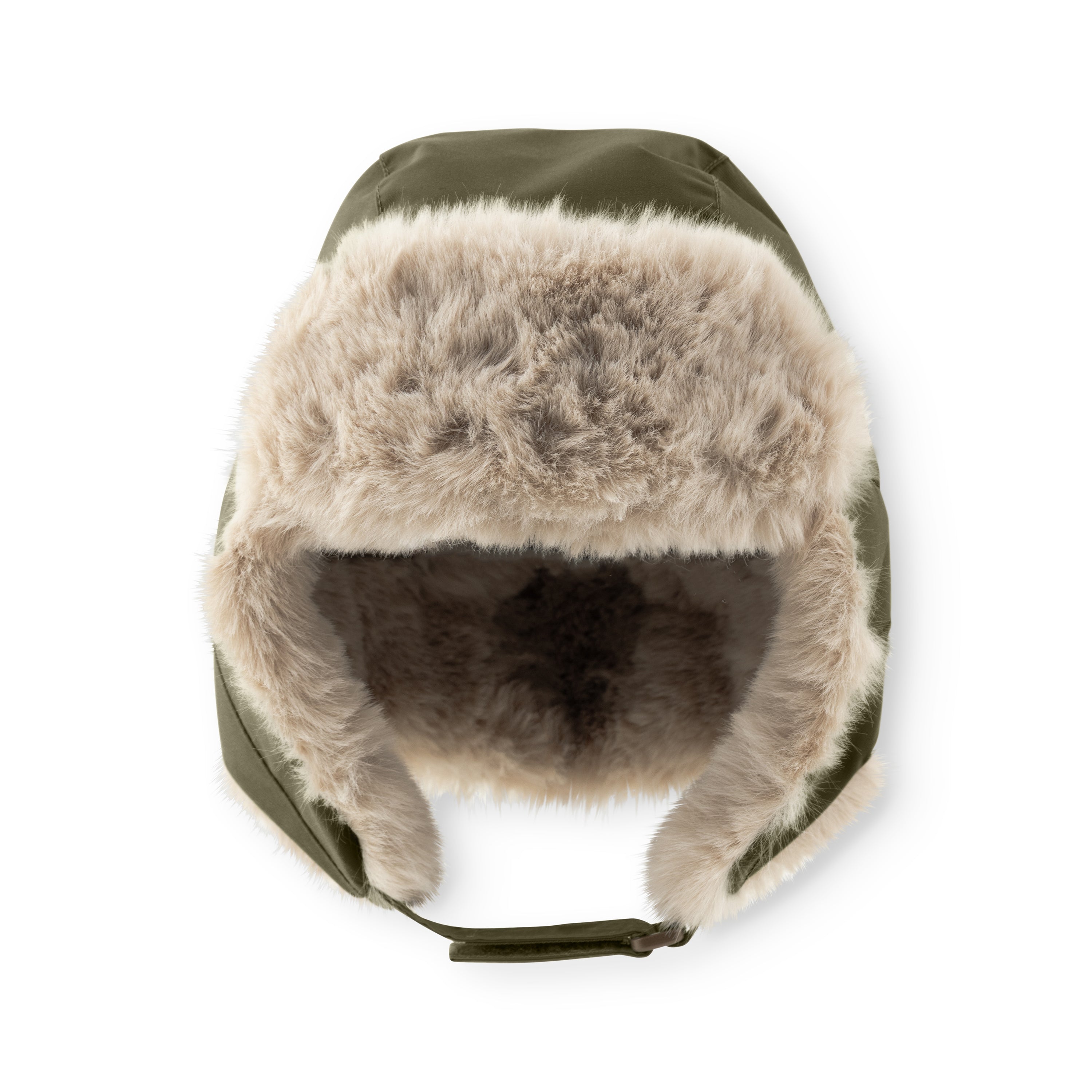 MATCRISTER teddy lined winter hood in olive green with luxurious beige and taupe fleece lining, photographed flat from above showing the deep ear flaps, plush interior and velcro chin strap against a white background.