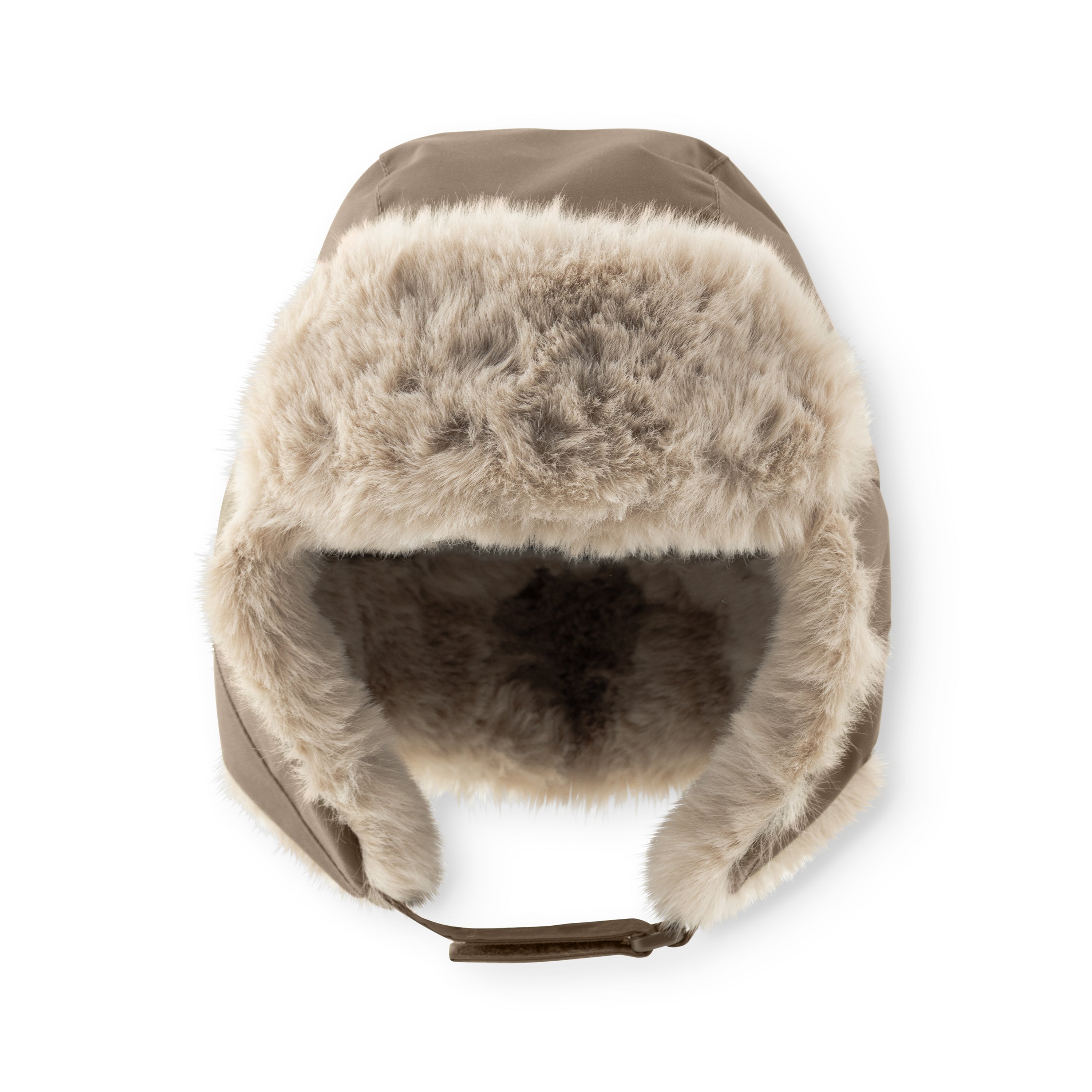 MATCRISTER waterproof trapper hat in taupe with luxurious cream and brown faux fur lining and ear flaps, photographed flat from above showing the full fleece-lined interior and velcro chin strap against a white background.