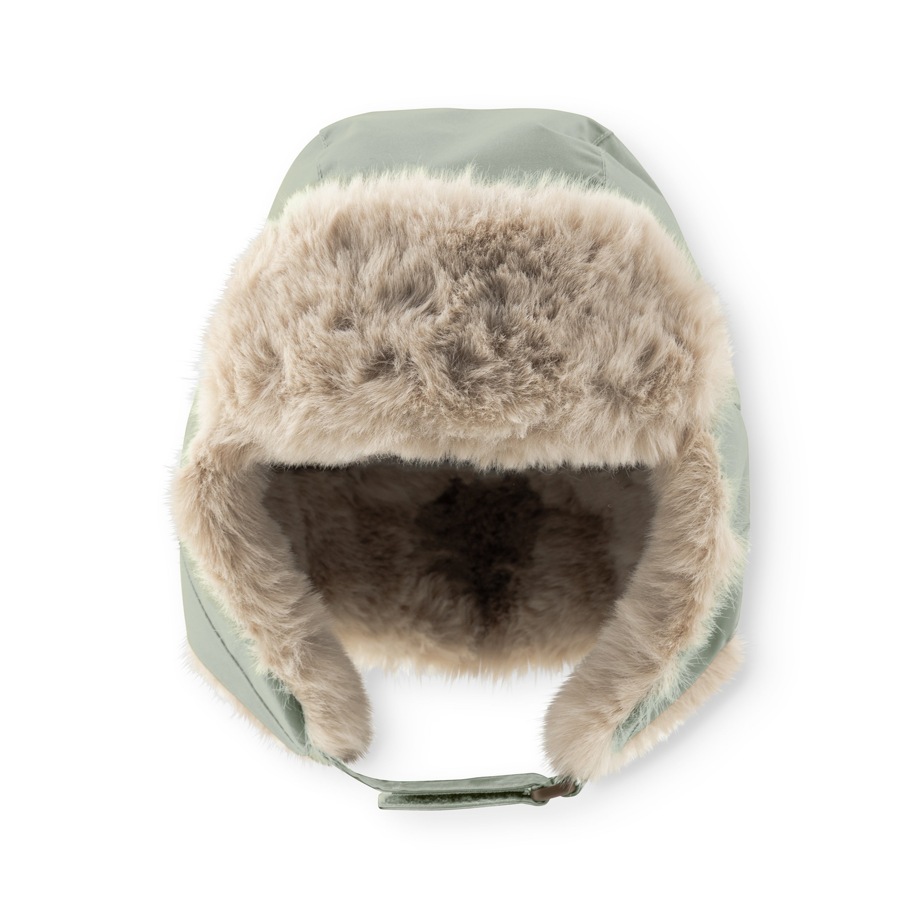 MATCRISTER waterproof trapper hat in soft sage green with thick beige faux fur ear flaps and lining, photographed from the front showing the full fleece-lined interior and velcro chin strap against a white background.