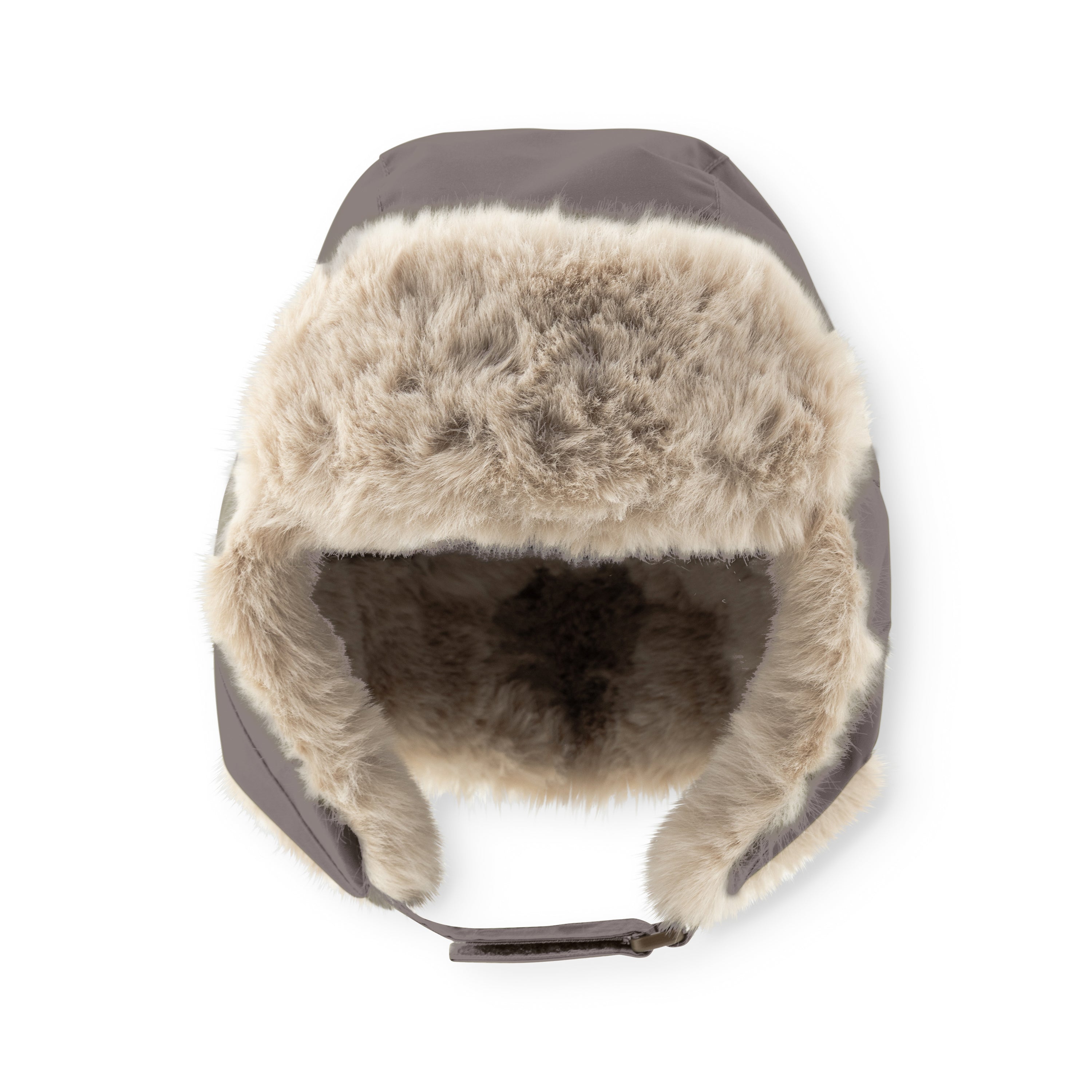 MATCRISTER children's trapper hat in charcoal grey with thick cream and taupe fleece lining, photographed flat from above with ear flaps extended to show the full waterproof crown and plush interior against a white background.