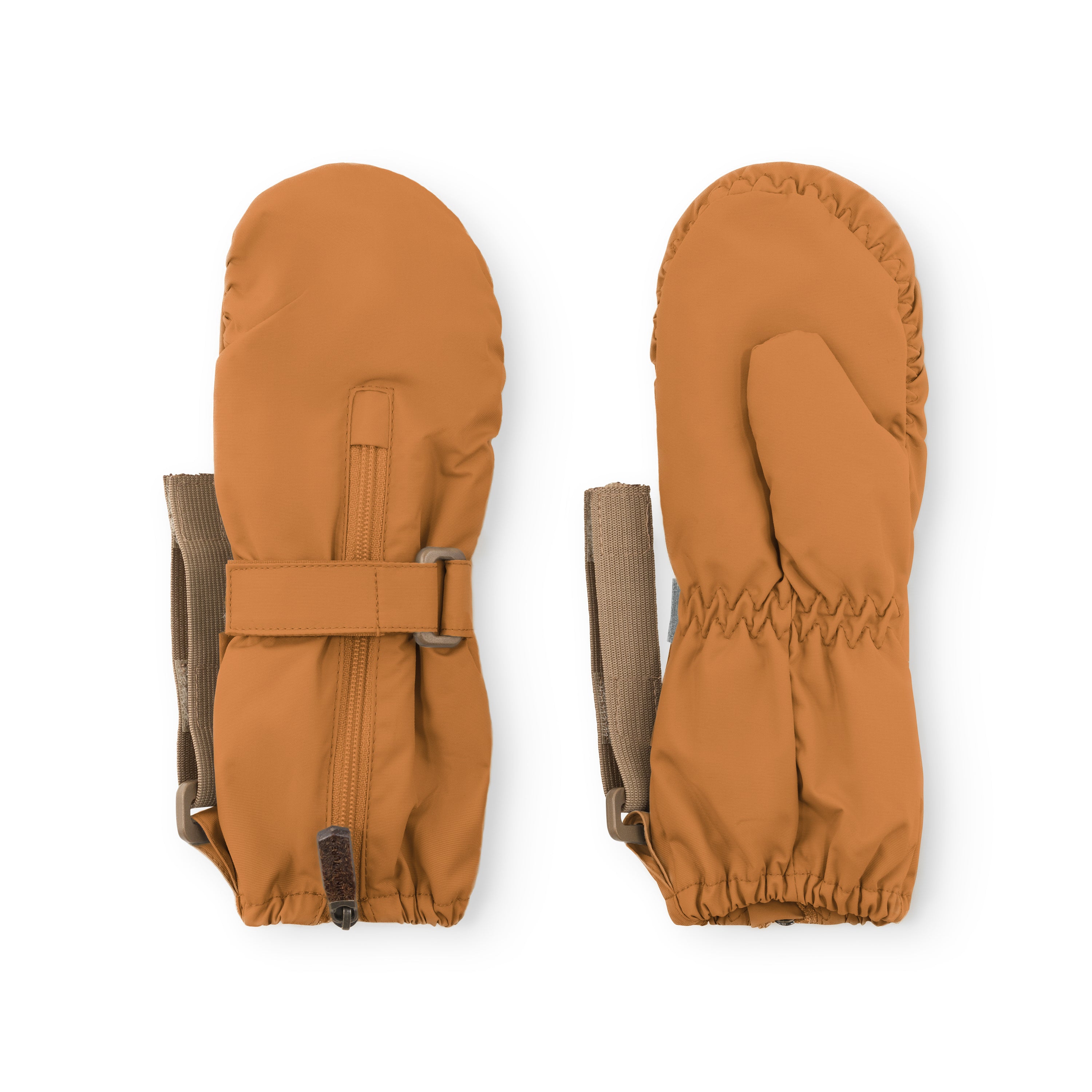 MATCESAR waterproof mittens in warm caramel brown shown from front and back, displaying the full-length front zip with pull tab, elastic gathered cuffs, beige webbing strap with velcro fastening and D-ring, and the smooth recycled polyamide shell construction against a white background.