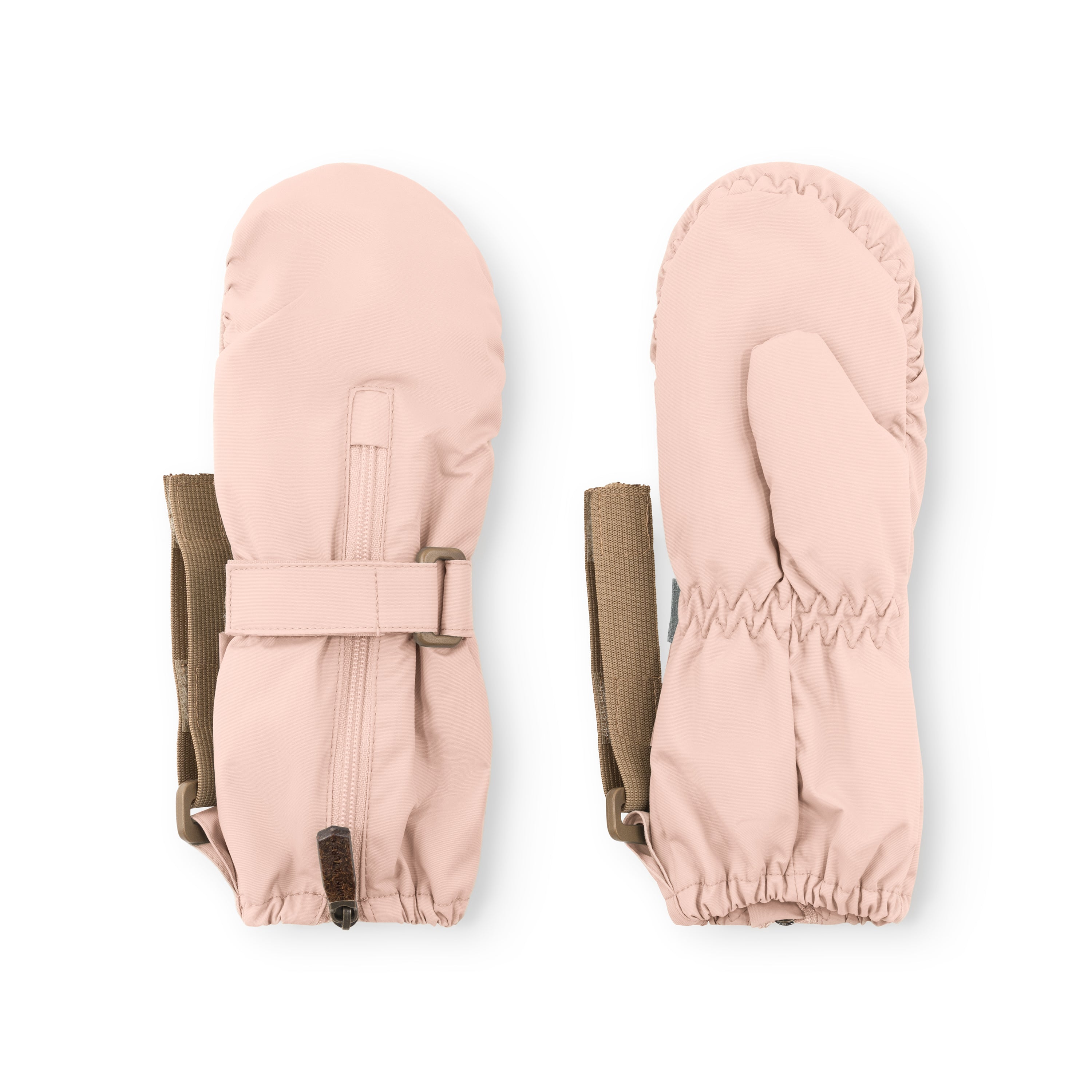 MATCESAR waterproof mittens in soft blush pink shown from front and back, featuring the full-length front zip with metal pull, elastic gathered cuffs, beige webbing strap with velcro fastening and D-ring attachment, and the smooth recycled polyamide outer against a white background.