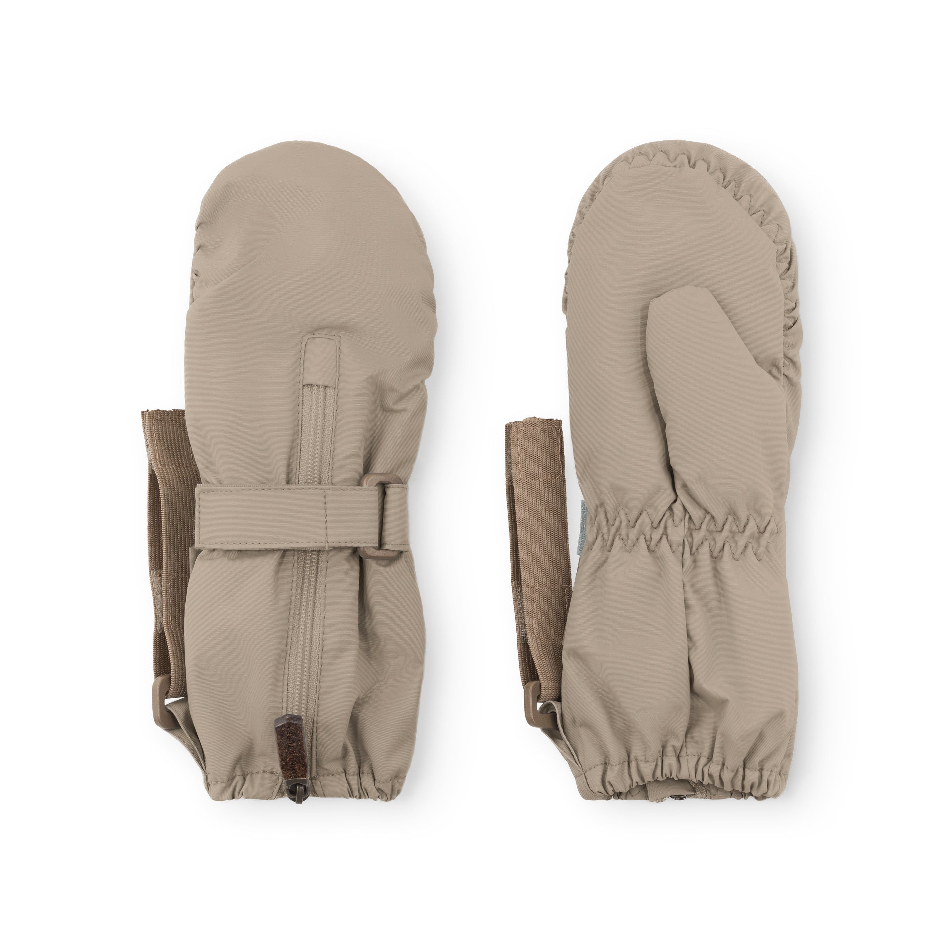 MATCESAR waterproof mittens in beige taupe shown from both sides, displaying the full-length front zip, elastic gathered cuffs, adjustable velcro wrist strap and recycled polyamide shell construction against a white background.