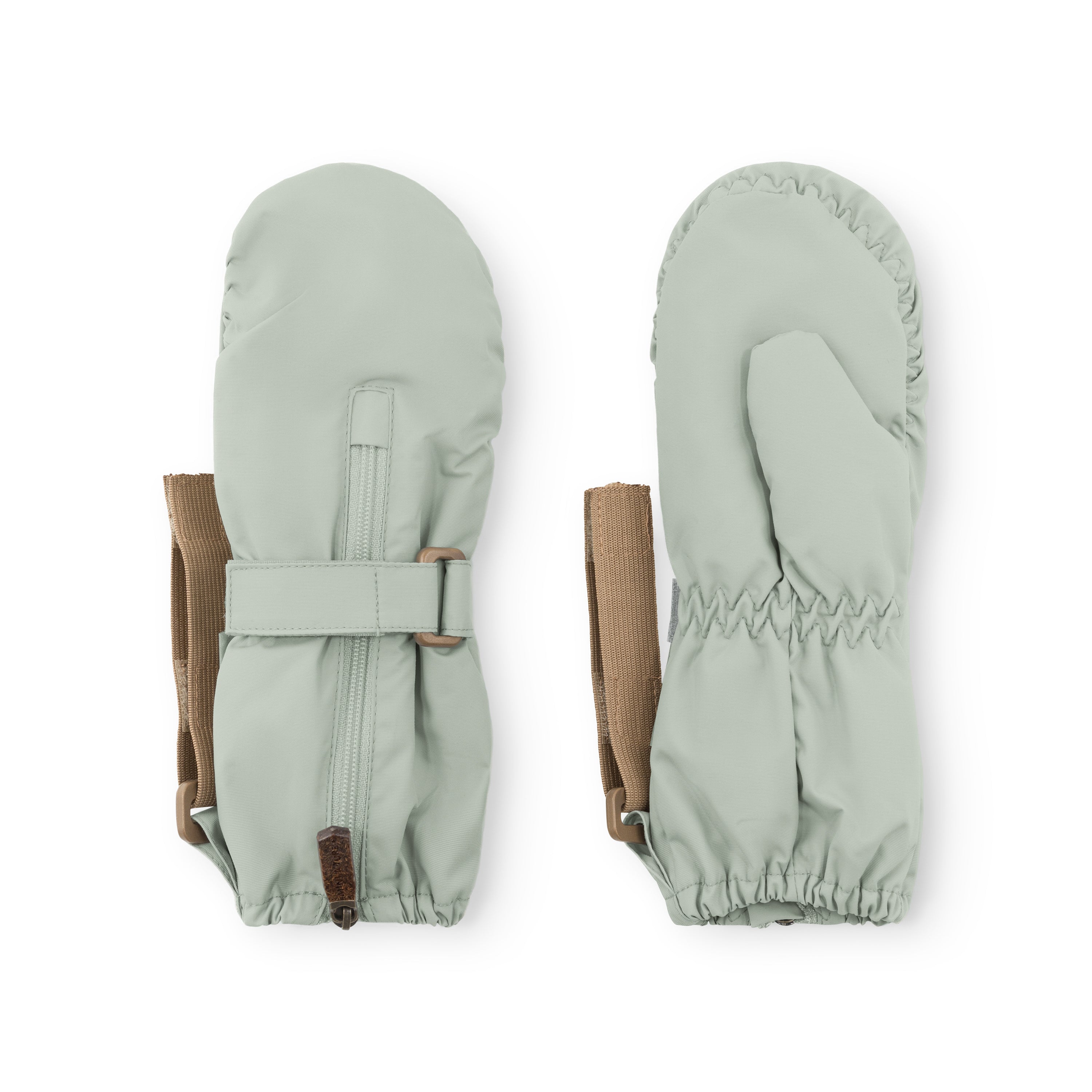 MATCESAR waterproof mittens in soft sage green shown flat from front and back, featuring the full-length front zip, elastic gathered cuffs, beige webbing strap with velcro fastening and D-ring attachment against a white background.