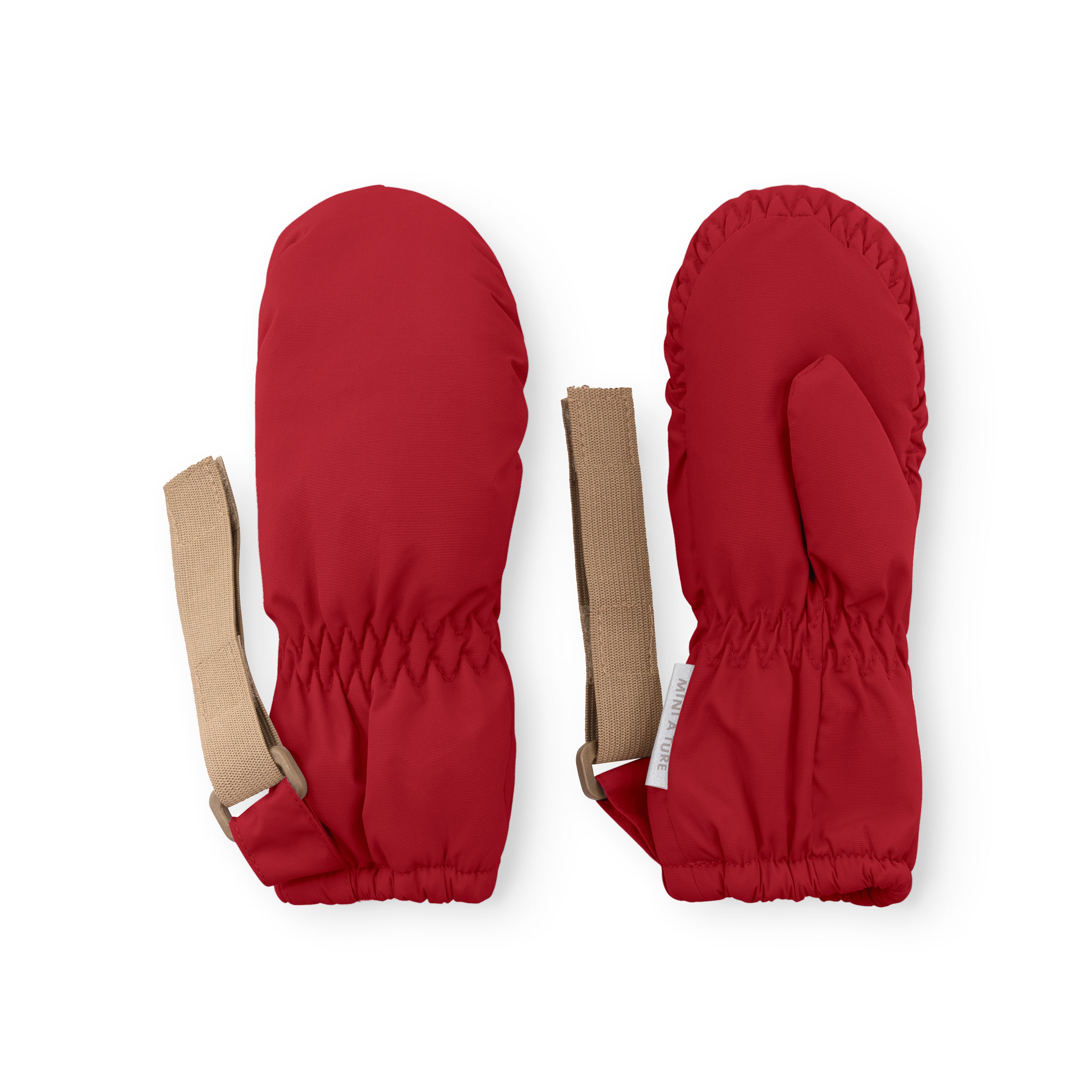 MATCORDT fleece lined mittens in red laid flat on a white background, displaying the waterproof recycled polyamide outer, elasticated wrist and cuff, and beige velcro attachment straps for securing to MINI A TURE outerwear.