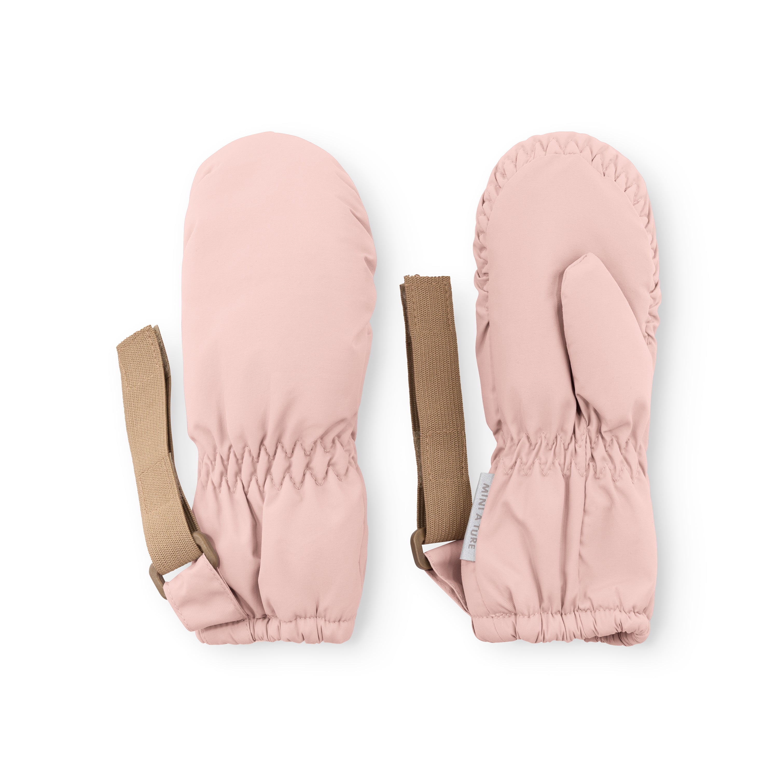 MATCORDT fleece lined mittens in pale pink displayed flat on a white background, showing the elastic gathered cuffs, beige velcro attachment straps and the waterproof recycled polyamide outer shell from both front and back angles.