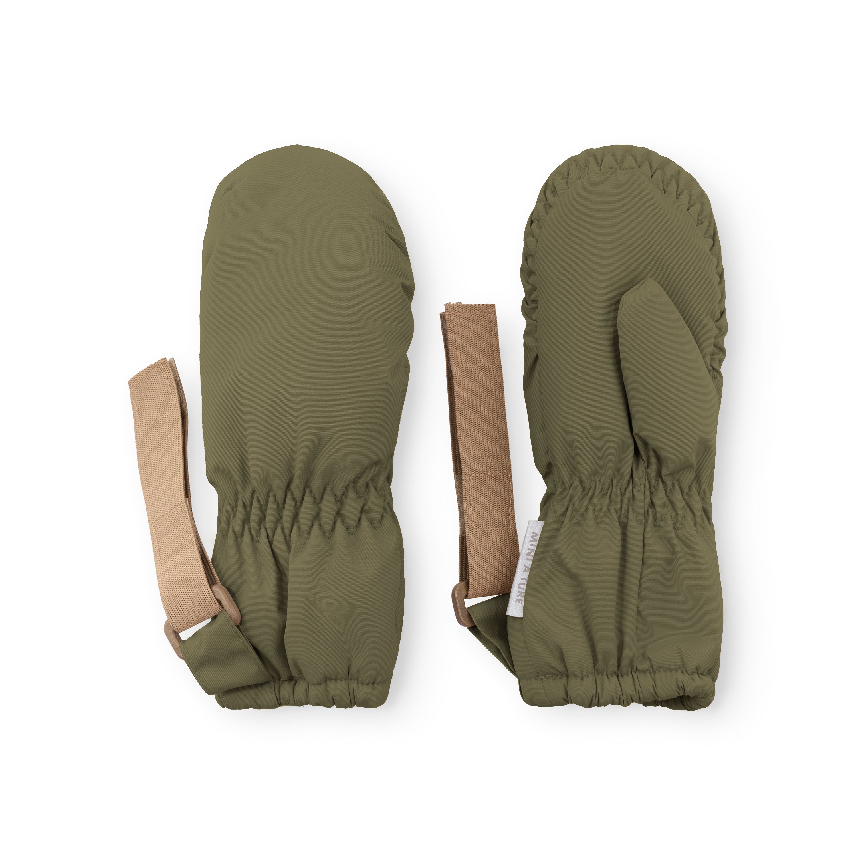 MATCORDT fleece lined mittens in olive green displayed flat on a white background, showing both the front and back views with elastic gathered cuffs, beige velcro attachment straps and the waterproof recycled polyamide outer shell.