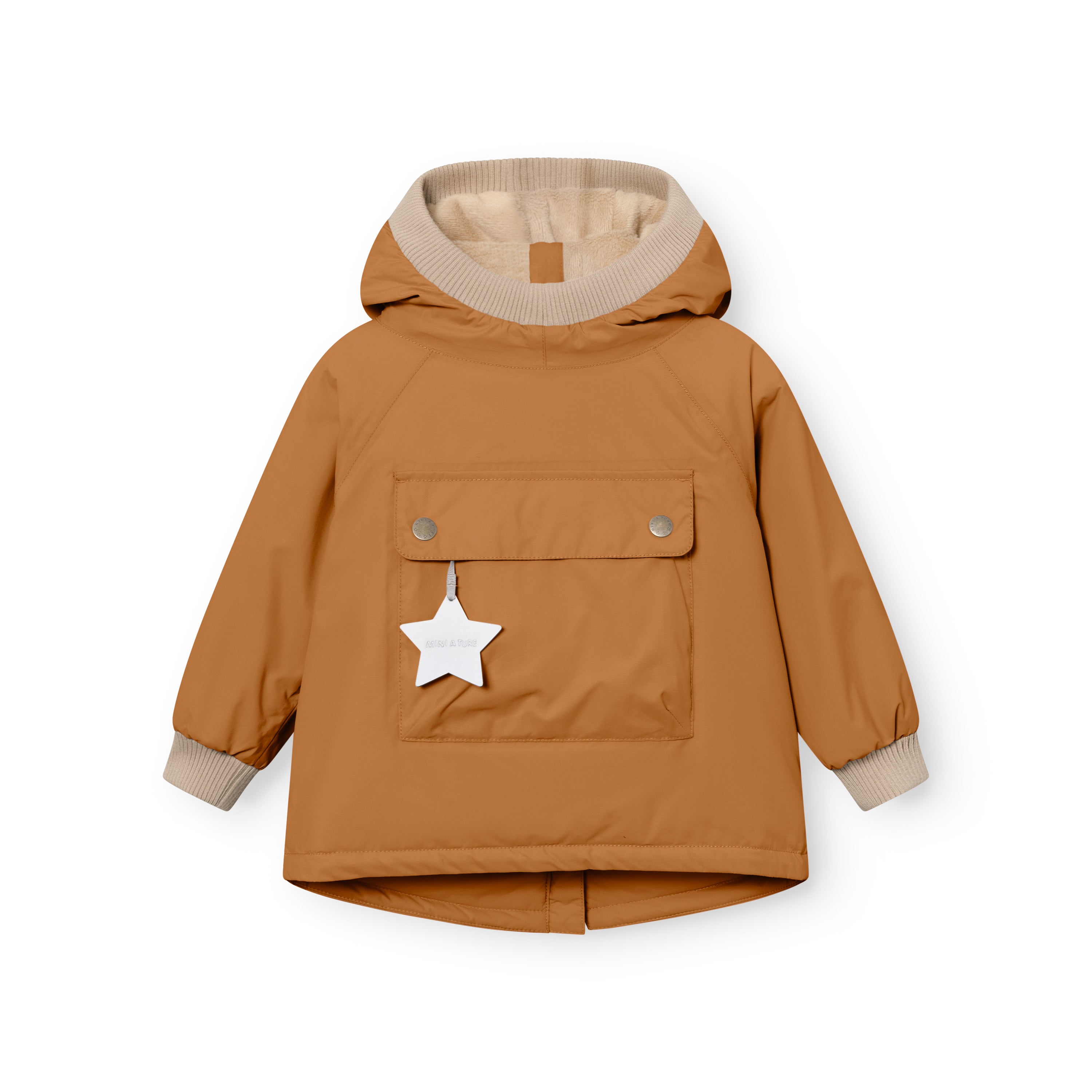 MATBABYWEN anorak in warm caramel brown laid flat and viewed from the front, showing the snap-button chest pocket with white reflective star tag, beige ribbed hood opening and cuffs, raglan sleeves with elasticated wrist tabs, and the A-line hem with central back vent.