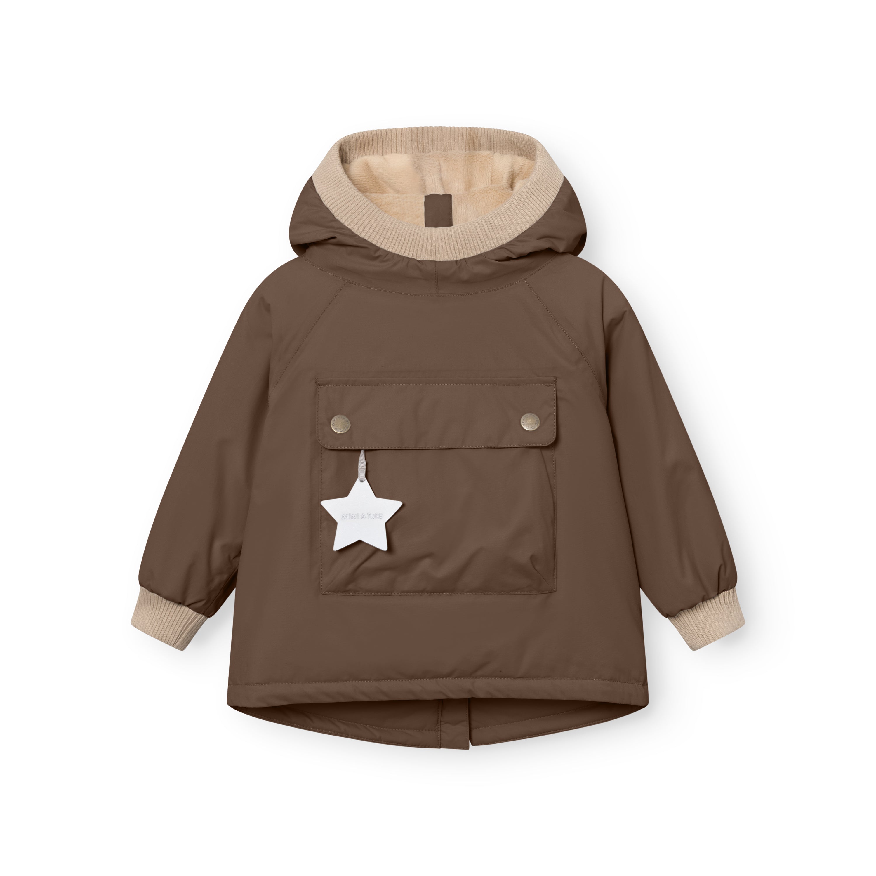 MATBABYWEN anorak in brown shown from the front, featuring a snap-button pocket with a white reflective star tag, beige ribbed hood and cuffs, raglan sleeves, and an A-line hem with a small back vent.