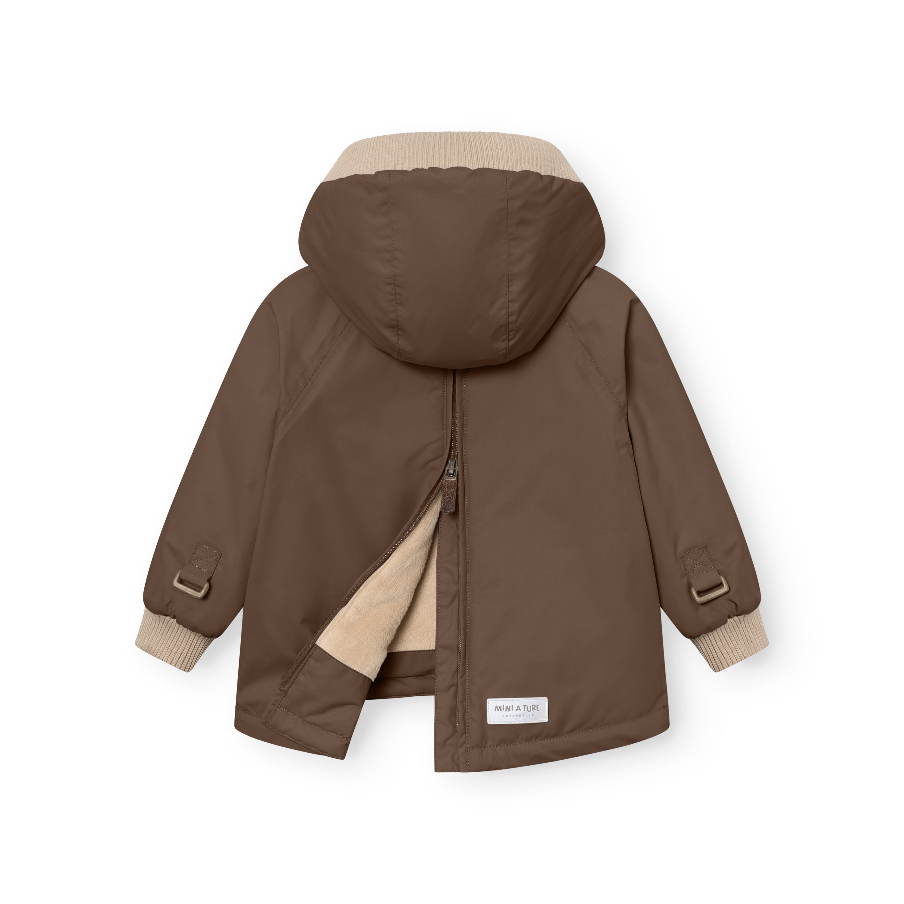 MATBABYWEN anorak in brown shown from the back with the full-length zip partially open, revealing the beige fleece lining and demonstrating how the coat opens flat for easier dressing, with adjustable sleeve tabs and beige ribbed hood and cuffs visible.