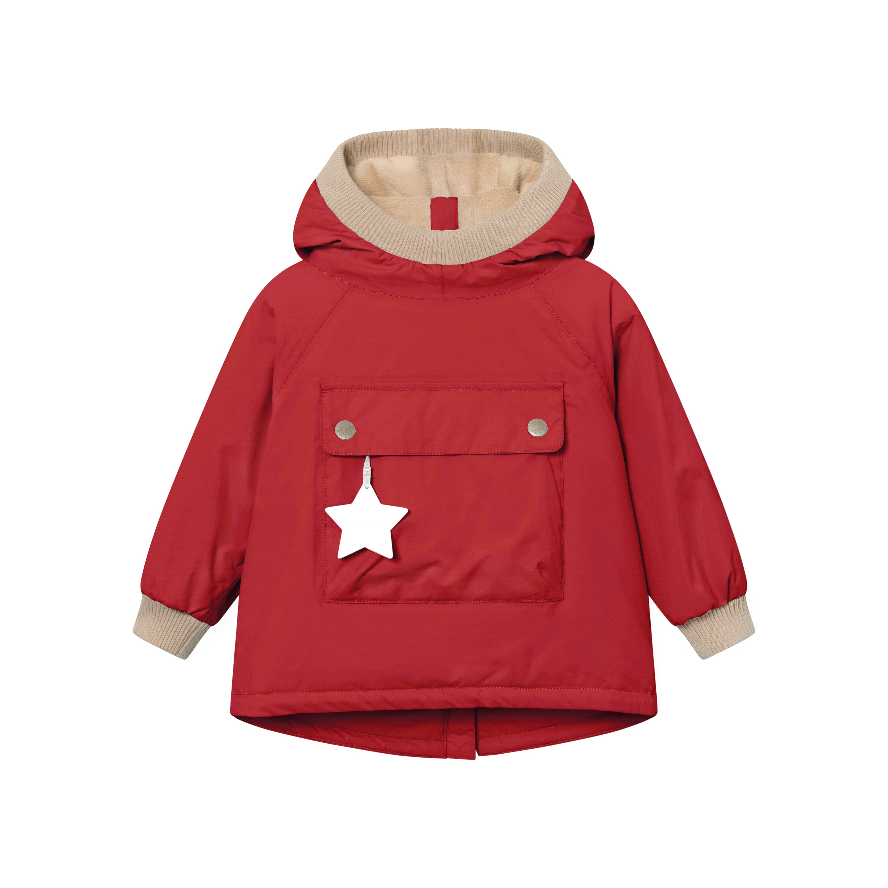 MATBABYWEN anorak in red laid flat from the front, showing the snap-button pocket with white reflective star tag, beige ribbed hood and cuffs, raglan sleeves, and the A-line hem with a small back vent.