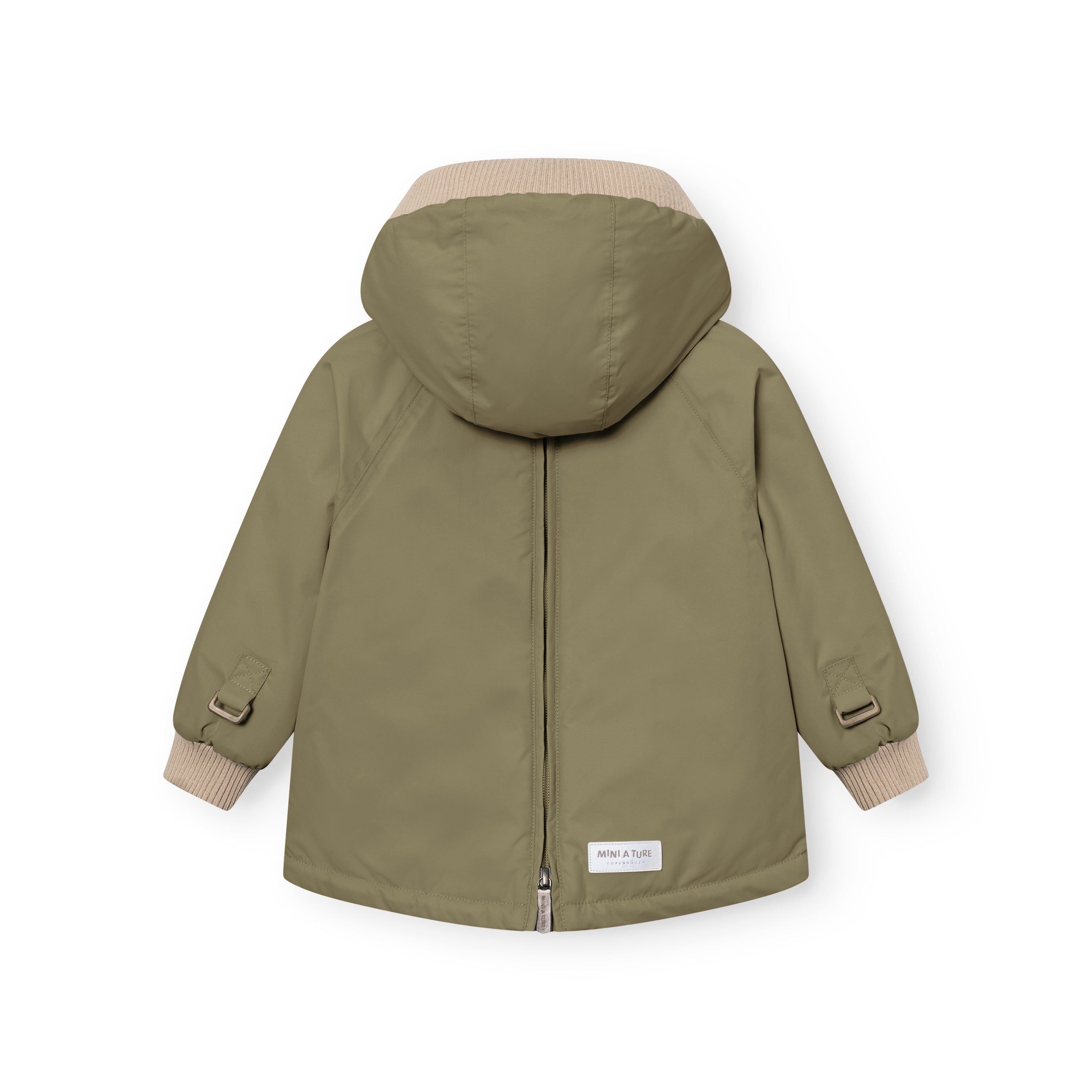 MATBABYWEN anorak in olive green shown from the back with the full-length zip fully closed, displaying the beige ribbed hood and cuffs, raglan sleeve construction with adjustable tabs, and a white MINI A TURE label at the lower back hem.