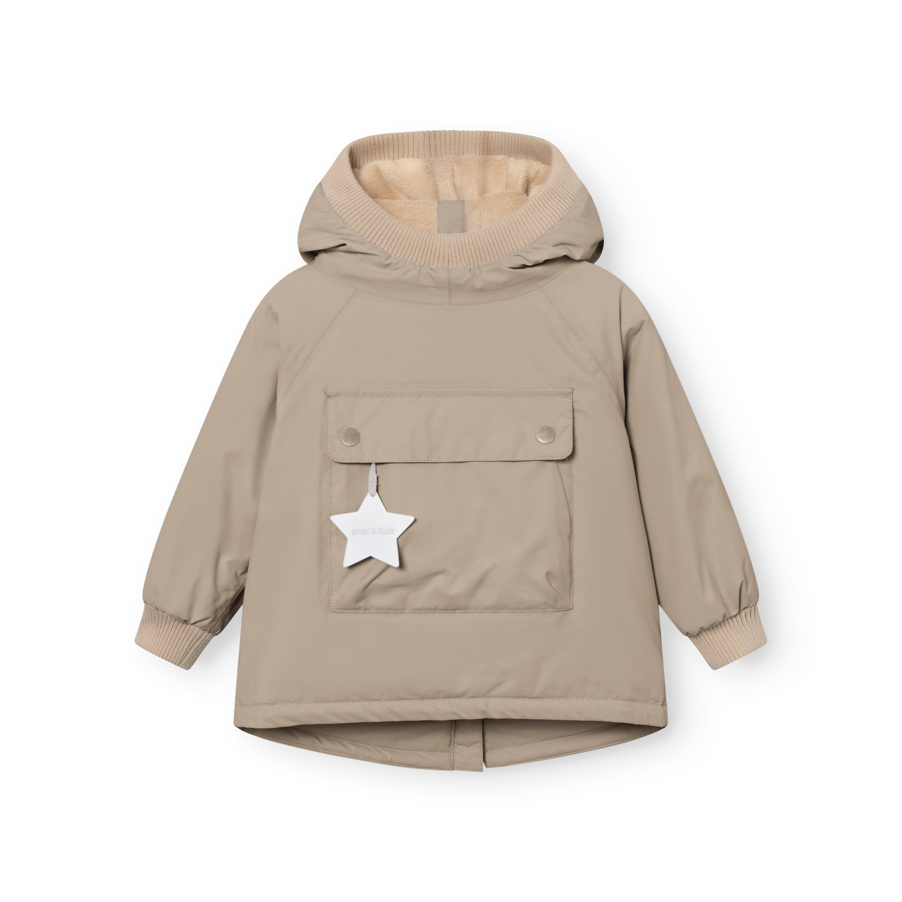 MATBABYWEN anorak in soft beige shown from the front, displaying the snap-button chest pocket with white reflective star tag, beige ribbed hood opening and cuffs, raglan sleeves with elasticated wrist tabs, and the A-line hem with central back vent.