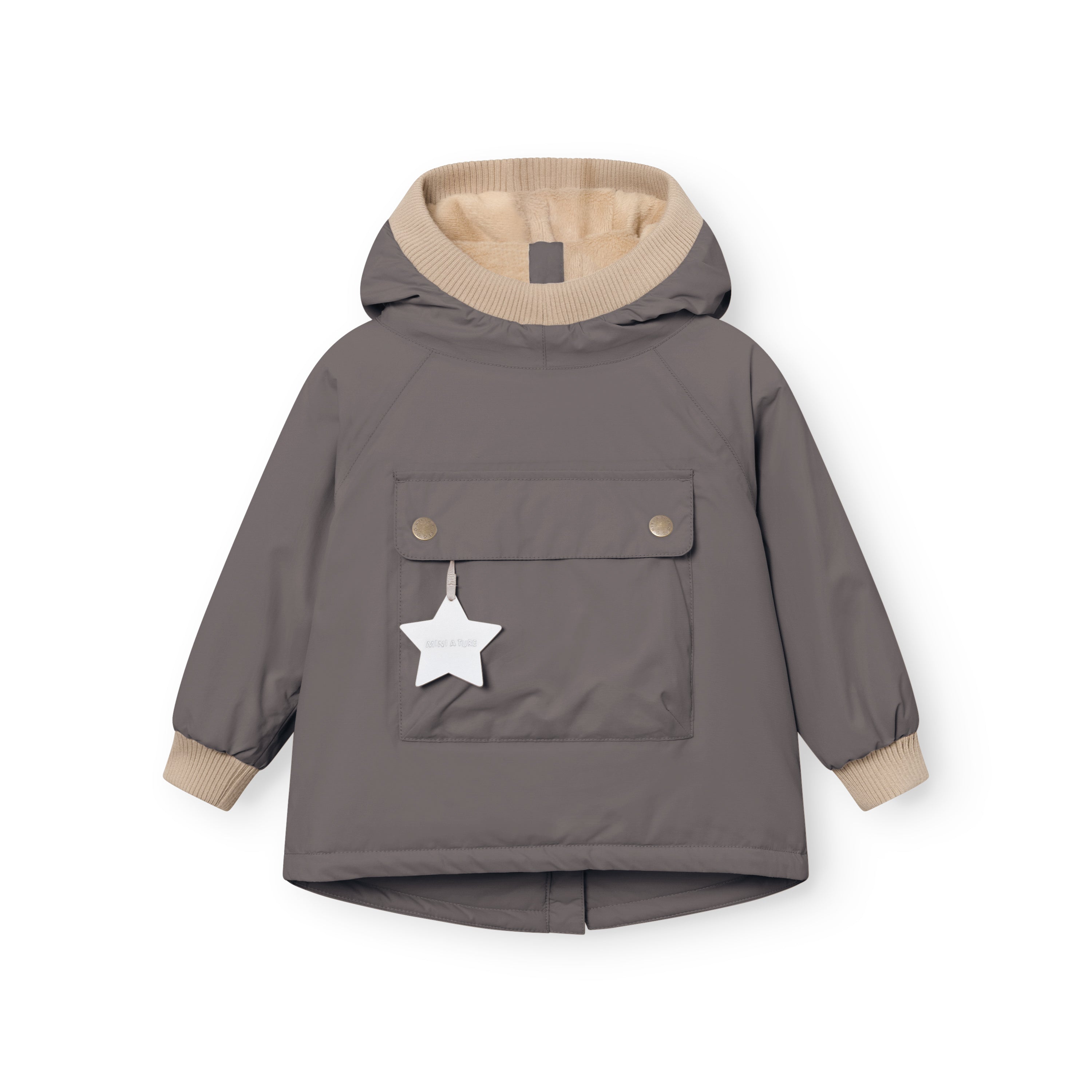 MATBABYWEN winter anorak in grey with beige ribbed hood and cuffs, laid flat to show the snap-button front pocket with white reflective star tag and the coat's A-line silhouette.