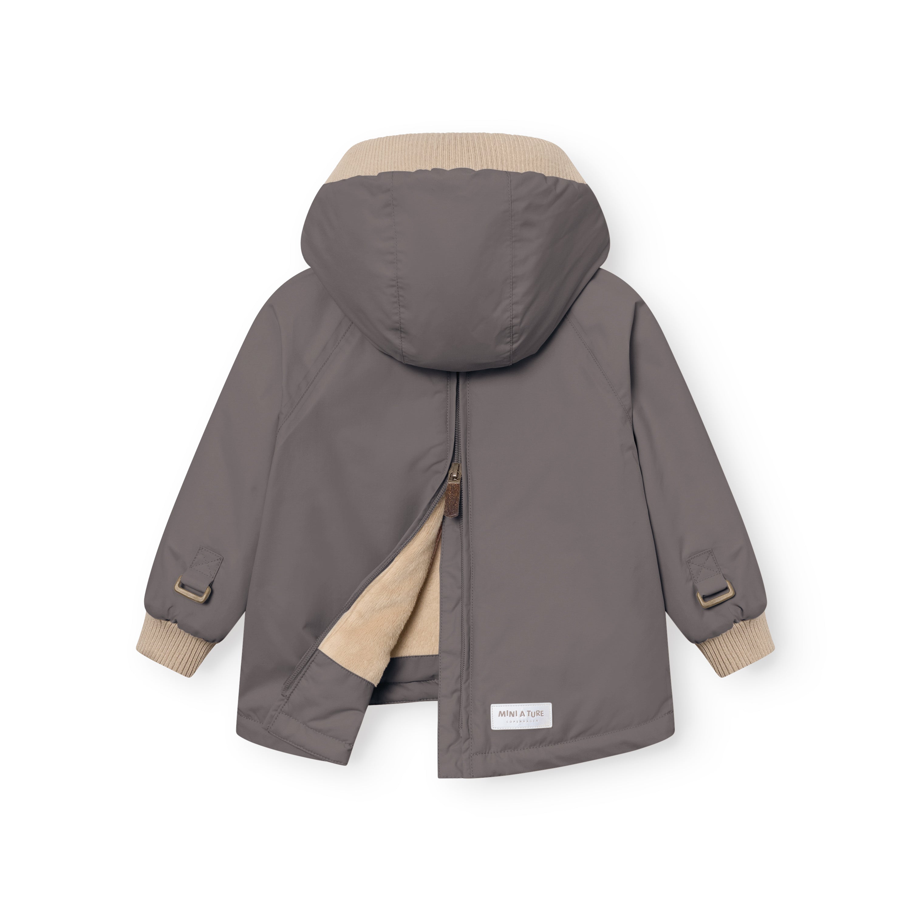 MATBABYWEN anorak in grey shown from the back with the full-length zip partially open, revealing the beige fleece lining and demonstrating how the coat opens flat for easier dressing, with beige ribbed hood and cuffs visible.