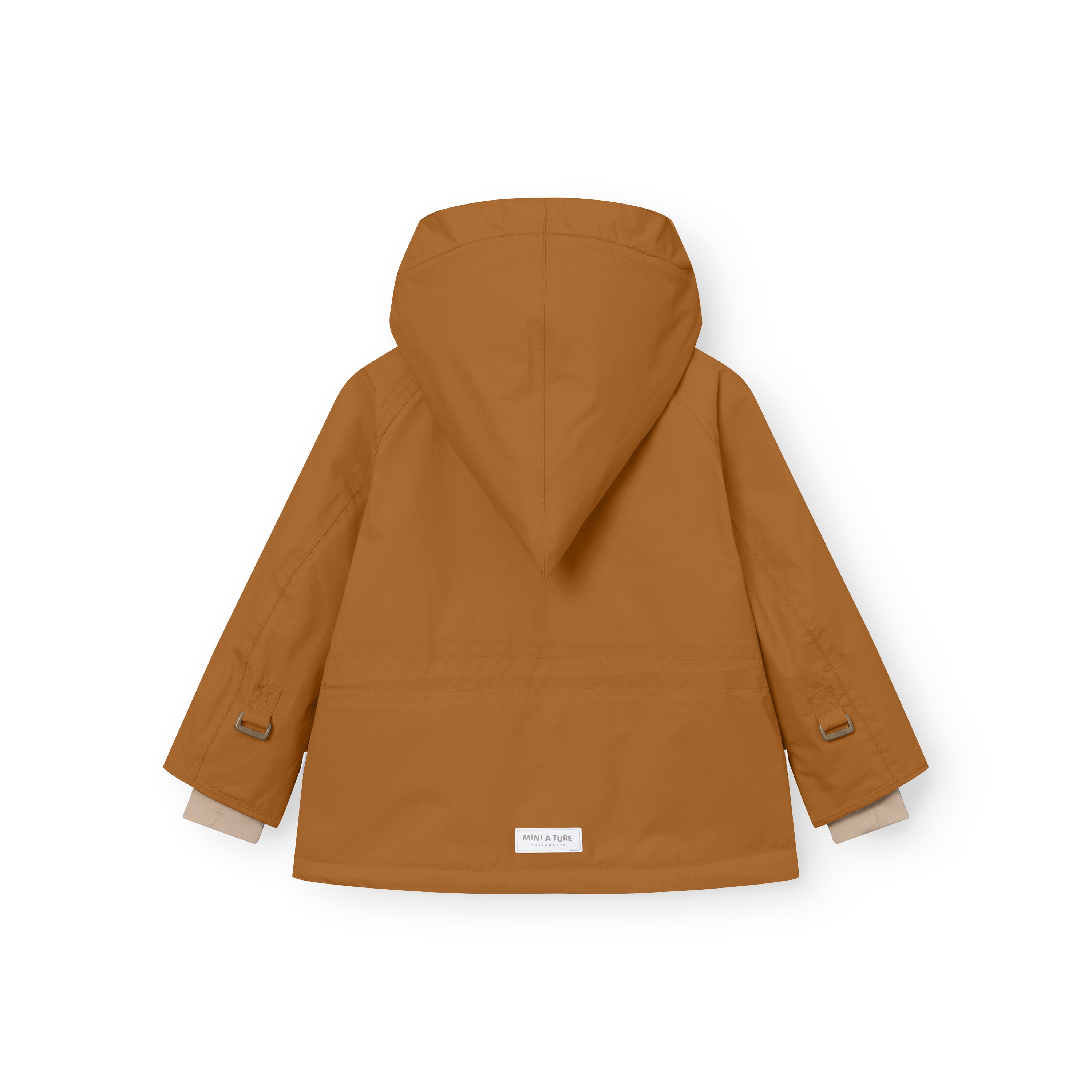 Rear view of the MATWANG fleece-lined winter jacket in warm brown showing the detachable pointed hood, bronze-toned metal D-ring fastenings on both sleeves, beige fleece lining visible at the cuffs, and a white MINI A TURE label sewn at the hem.