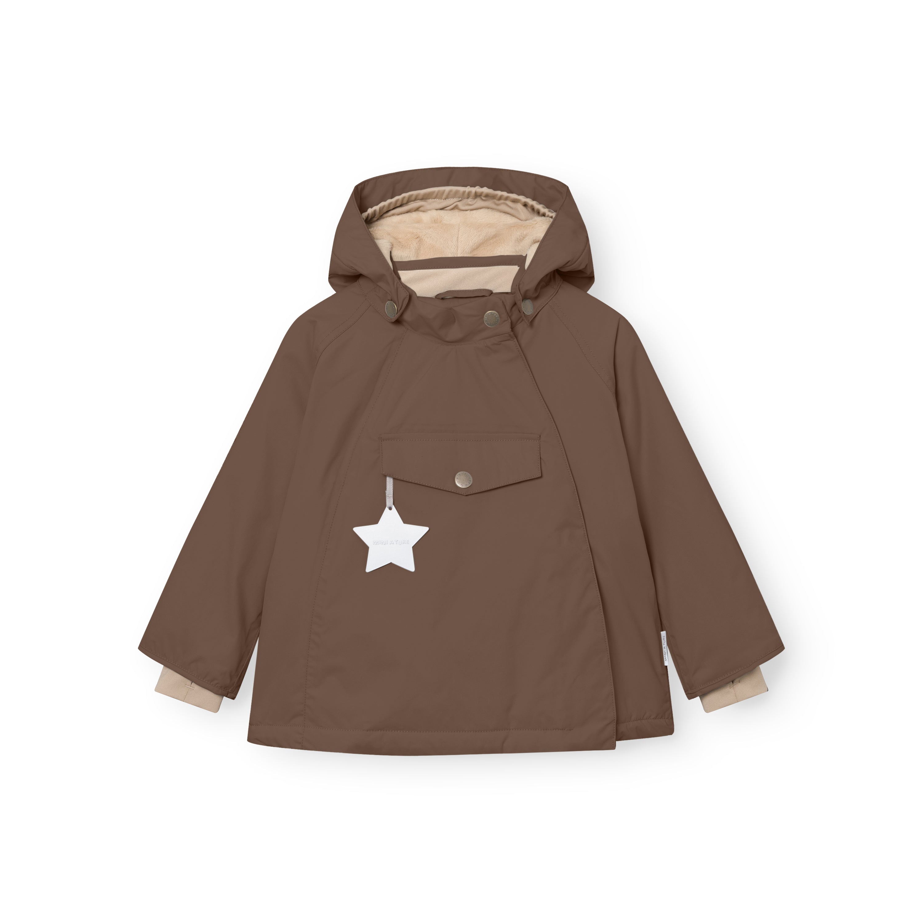 MATWANG fleece-lined winter jacket in warm brown with detachable pointed hood, beige fleece lining visible at the hood interior and sleeve cuffs, white reflective star hanging from the chest pocket, and bronze-toned press-stud fastenings securing the hood and concealed front flap.