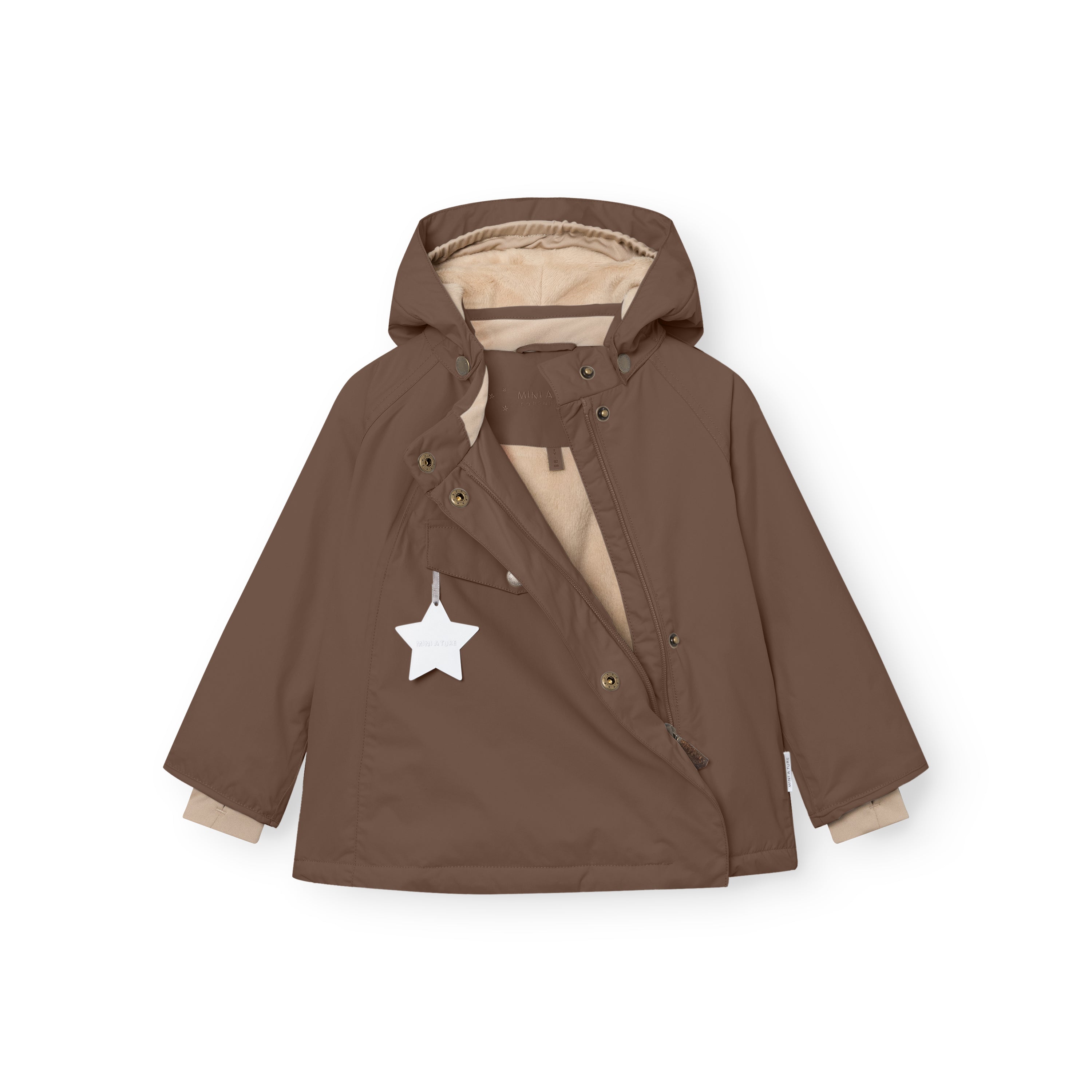 MATWANG fleece-lined winter jacket in warm brown laid flat with the hidden slanted front zip partially open, revealing the beige fleece lining inside, bronze-toned press-stud fastenings along the concealed chest flap, detachable pointed hood, and a white reflective star hanging from the front pocket.