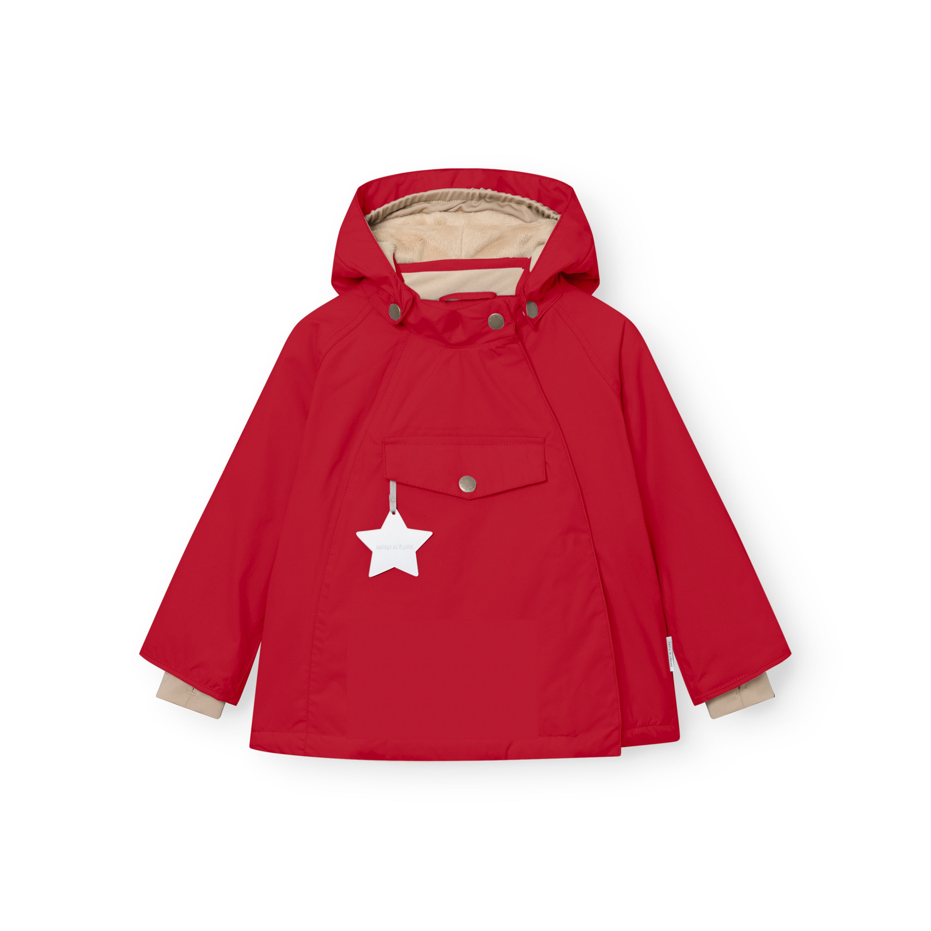 MATWANG fleece-lined winter jacket in red with a detachable pointed hood secured by press studs, beige fleece lining visible at the collar and cuffs, and a white reflective star hanging from the chest pocket.