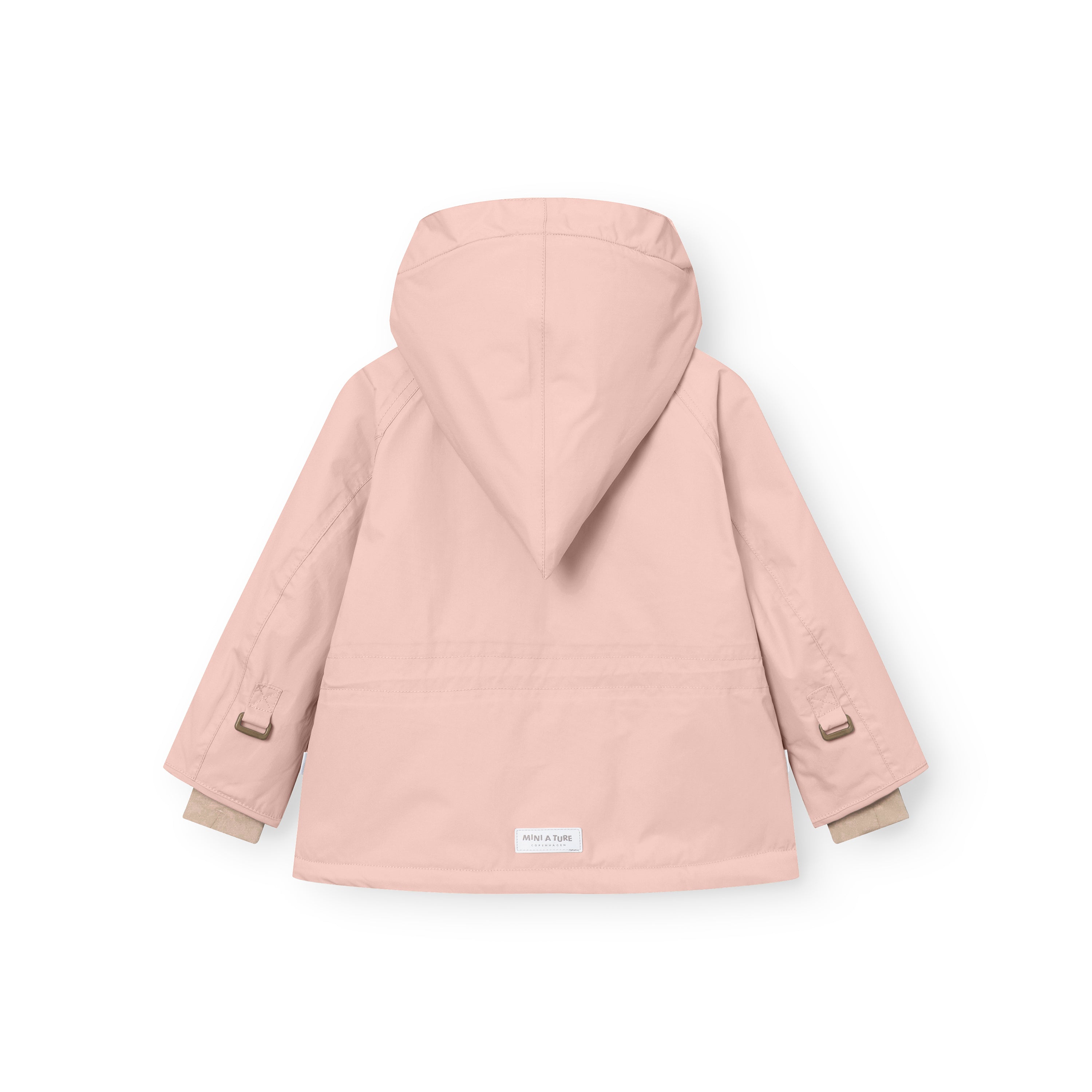 MATWANG fleece-lined winter jacket in soft pink, shown from the back with a pointed hood, snow cuffs with thumb loops and a MINI A TURE label at the hem.