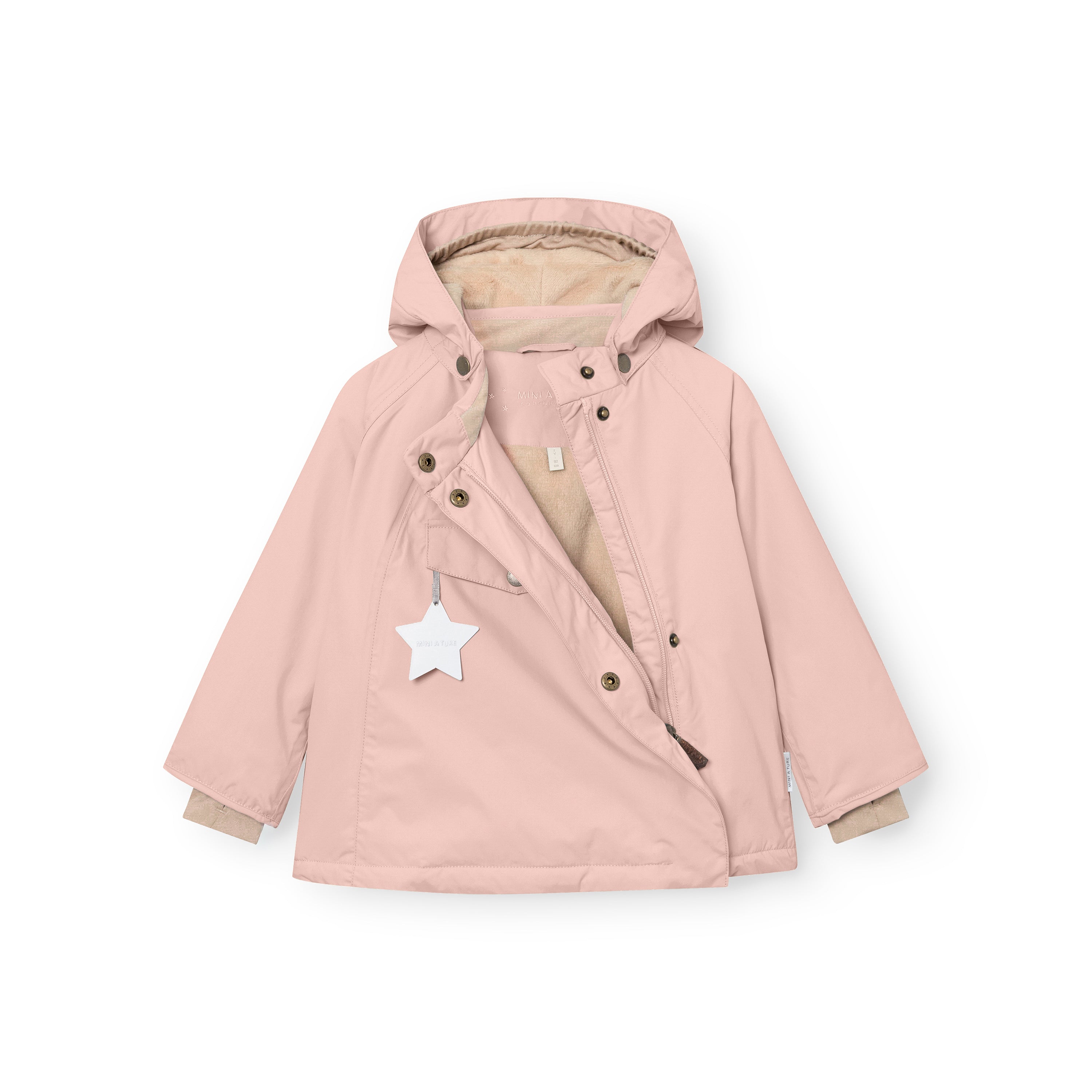 MATWANG fleece-lined winter jacket in soft pink with a detachable hood, slanted front zip, fleece lining visible at the collar and cuffs, and a reflective star detail on the front pocket.