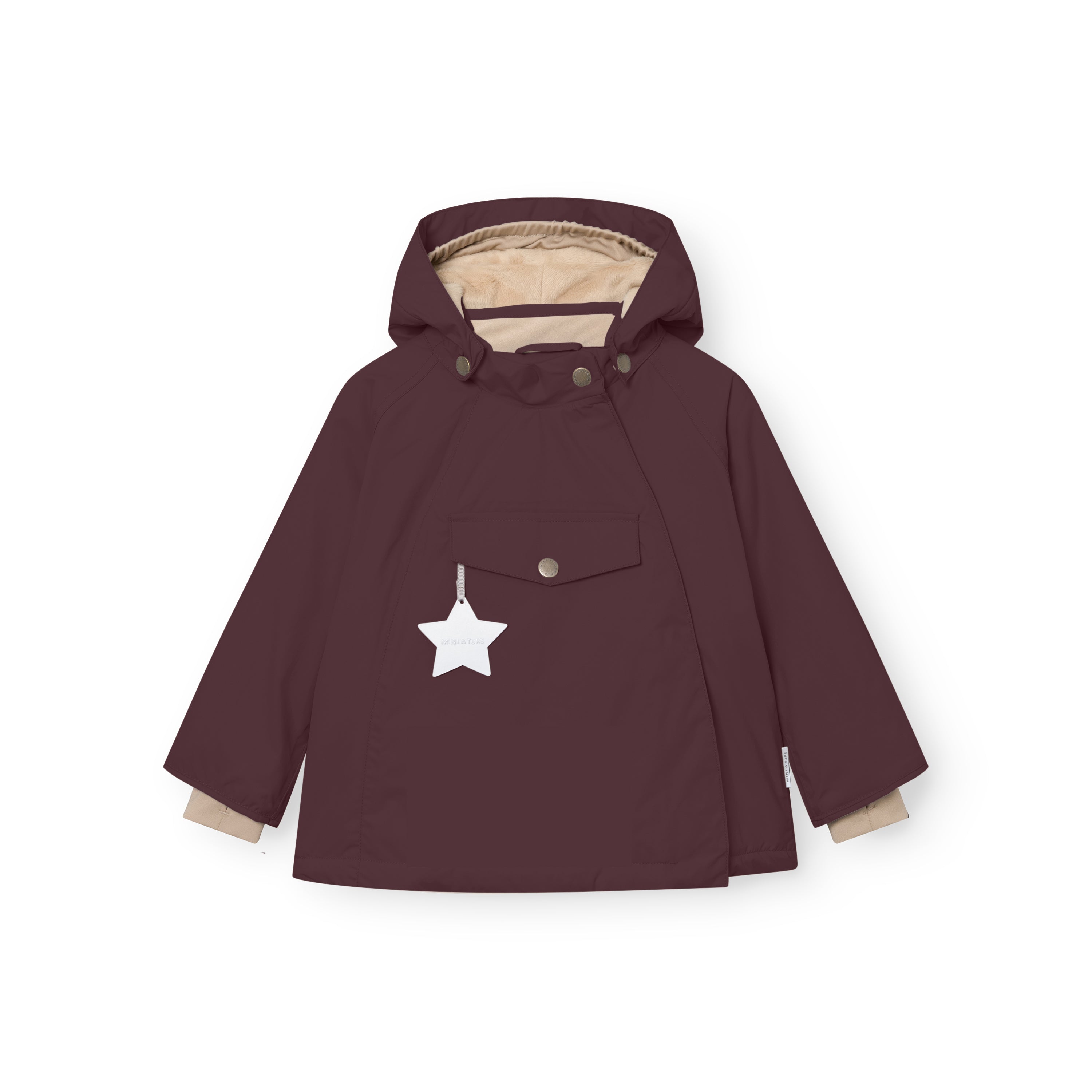 MATWANG fleece-lined winter jacket in deep burgundy with detachable pointed hood, beige fleece lining visible at the hood interior and cuffs, white reflective star hanging from the chest pocket, and bronze-toned press-stud fastenings securing the hood and concealed front flap.