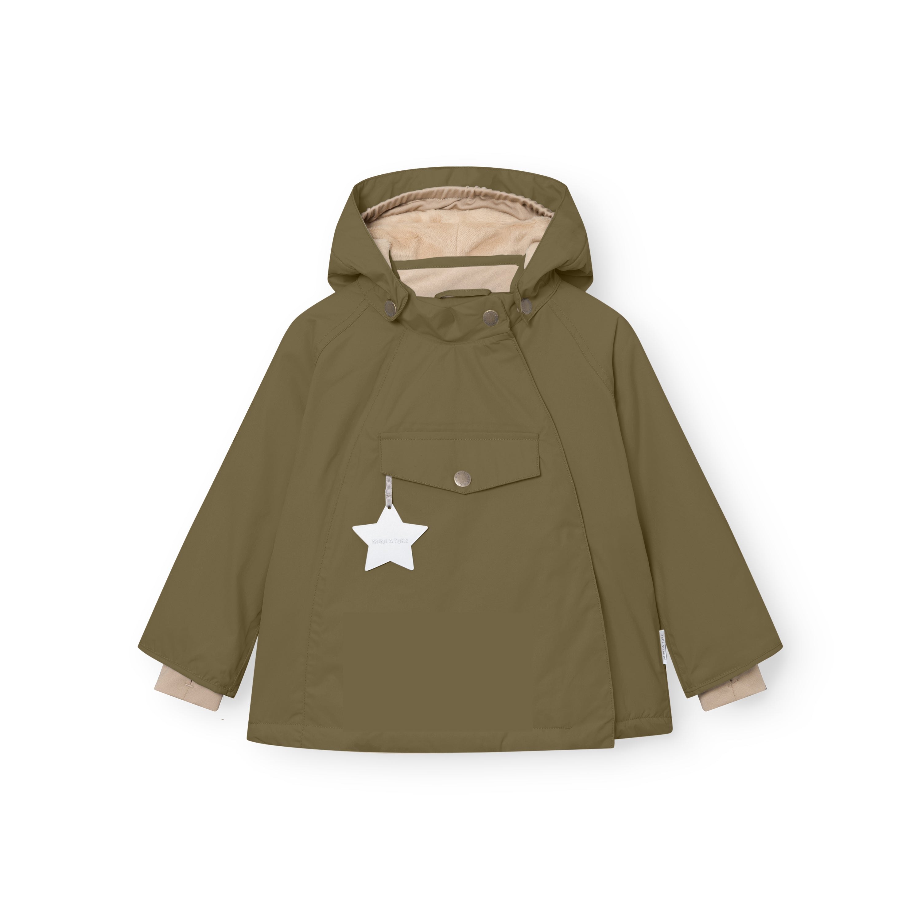 MATWANG fleece-lined winter jacket in olive green laid flat showing the detachable pointed hood with bronze press studs, concealed slanted zip closure, front chest pocket with bronze snap fastening, white reflective star hanging from the pocket, and beige fleece lining visible at the cuffs and hood opening.