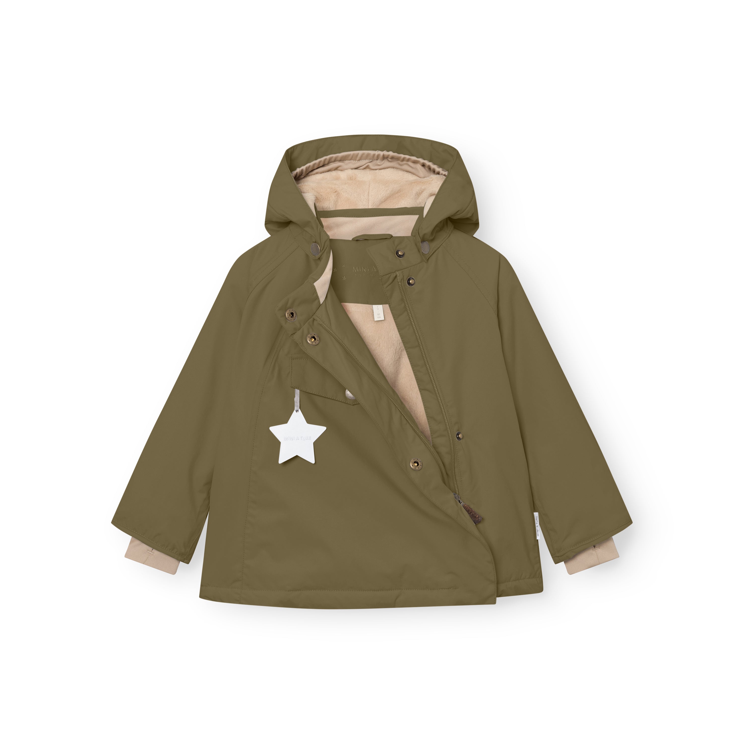 MATWANG fleece-lined winter jacket in olive green shown with the concealed slanted zip partially open, revealing the beige fleece lining and bronze press-stud fastening system, with the detachable pointed hood attached and a white reflective star hanging from the front chest pocket.