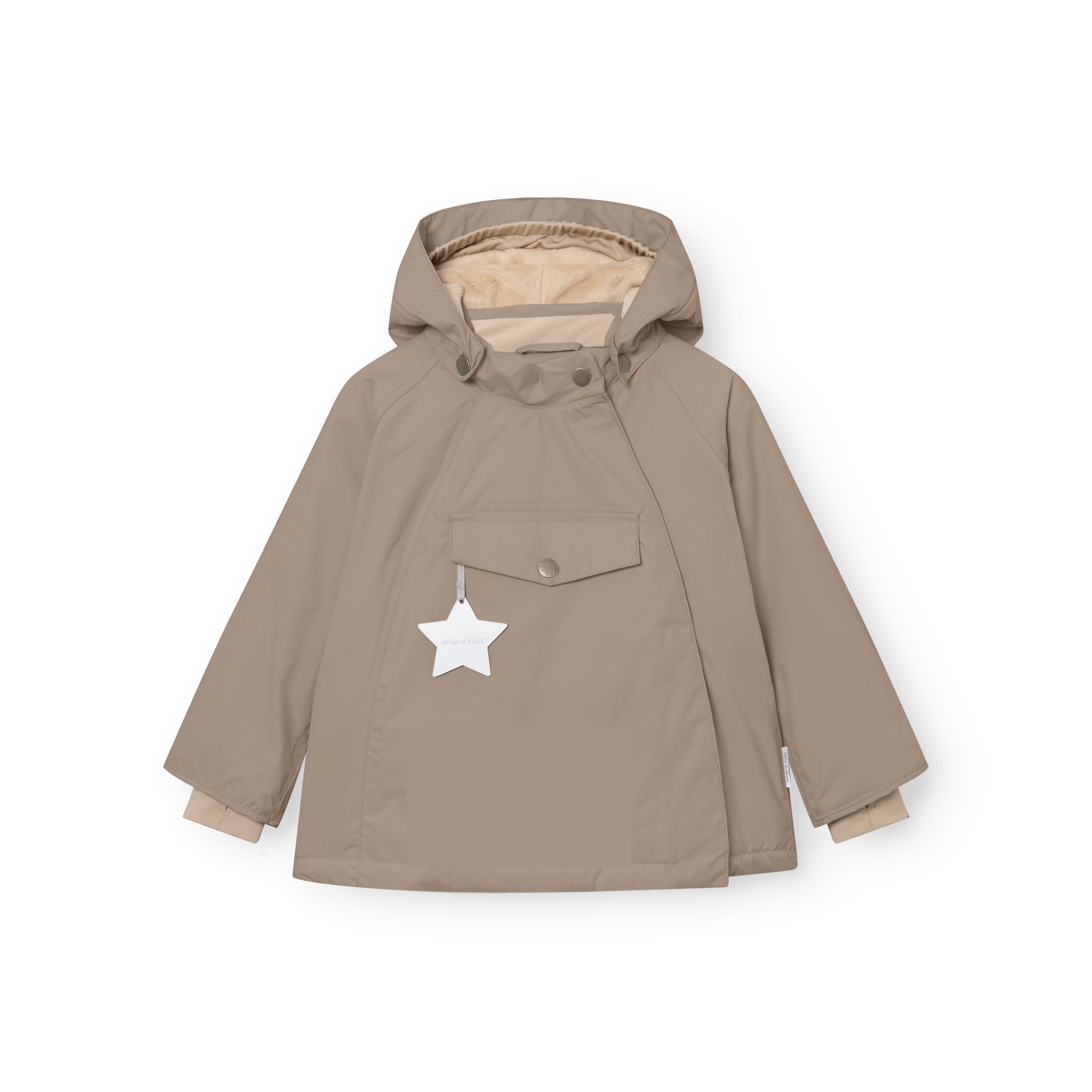 MATWANG fleece-lined winter jacket in taupe with a detachable pointed hood, hidden slanted zip, fleece lining visible at the collar, chest pocket with press-stud closure and a white reflective star detail.