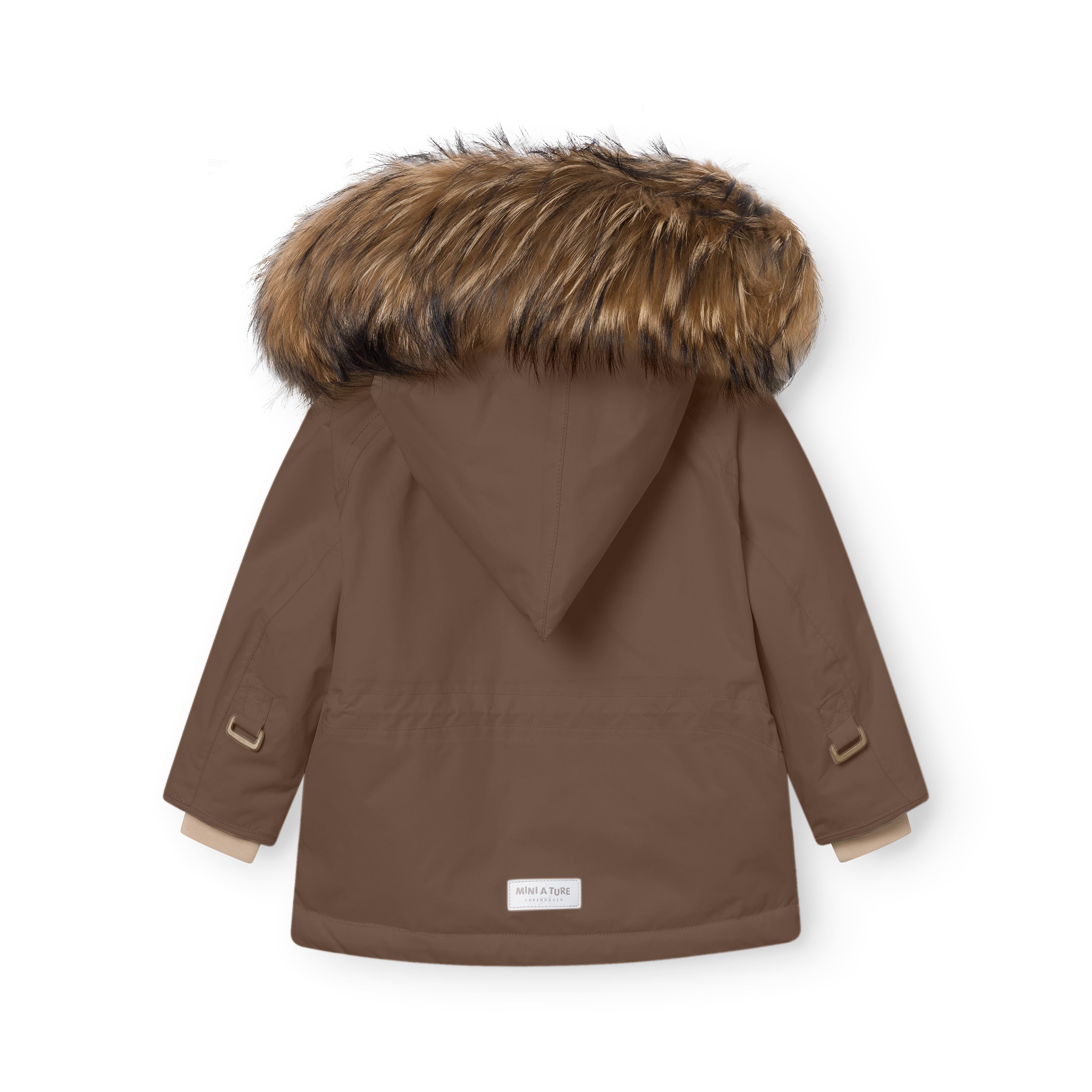 Rear view of the MATWANG fleece lined winter jacket in brown displaying the detachable real fur hood, waterproof recycled nylon shell, beige fleece lining visible at the cuffs, and MINI A TURE label at the hem.