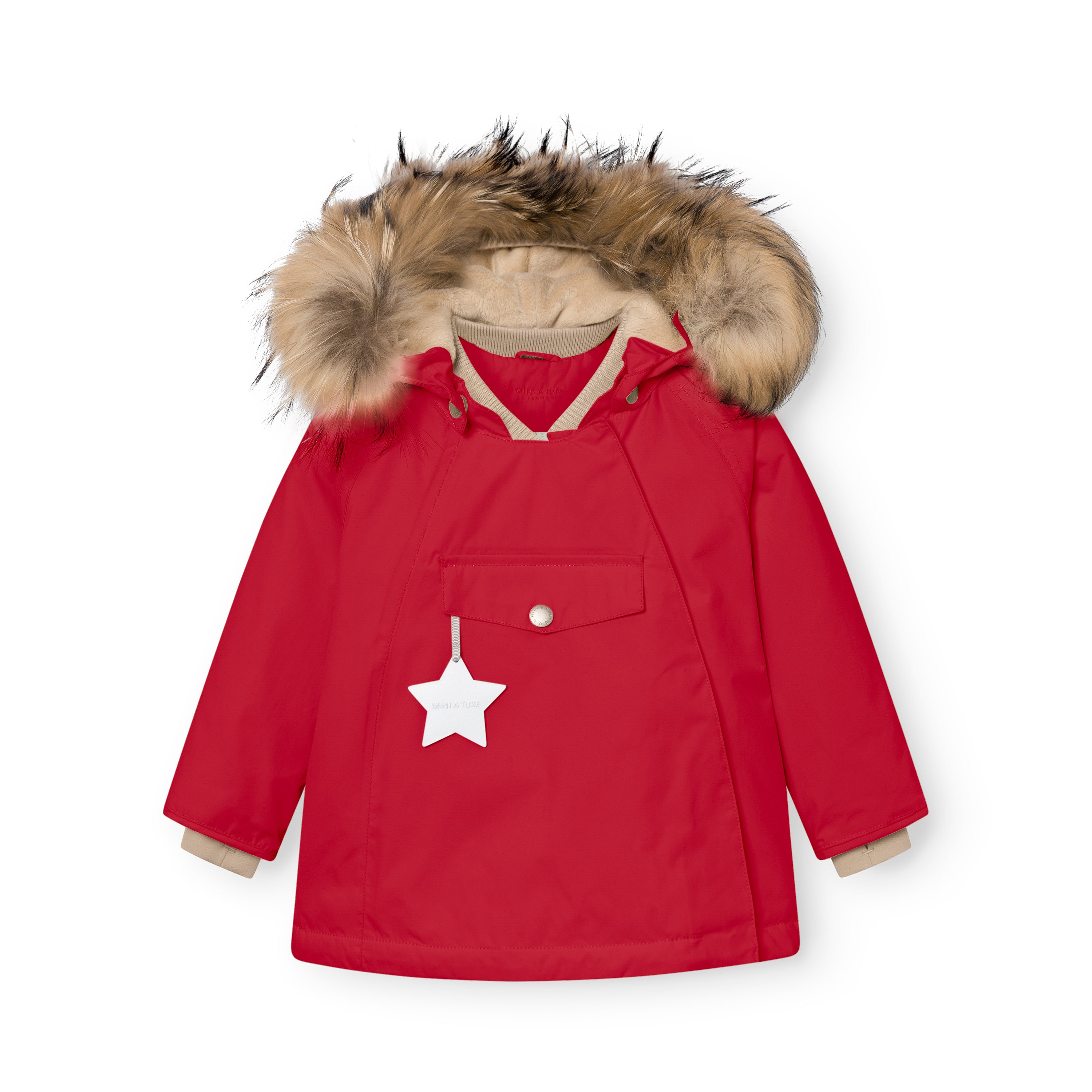 MATWANG fleece lined winter jacket in red with a detachable real fur hood, ribbed beige collar, white reflective star zip pull on the chest pocket, press-stud placket concealing the slanted zip, and beige fleece lining visible at the cuffs.