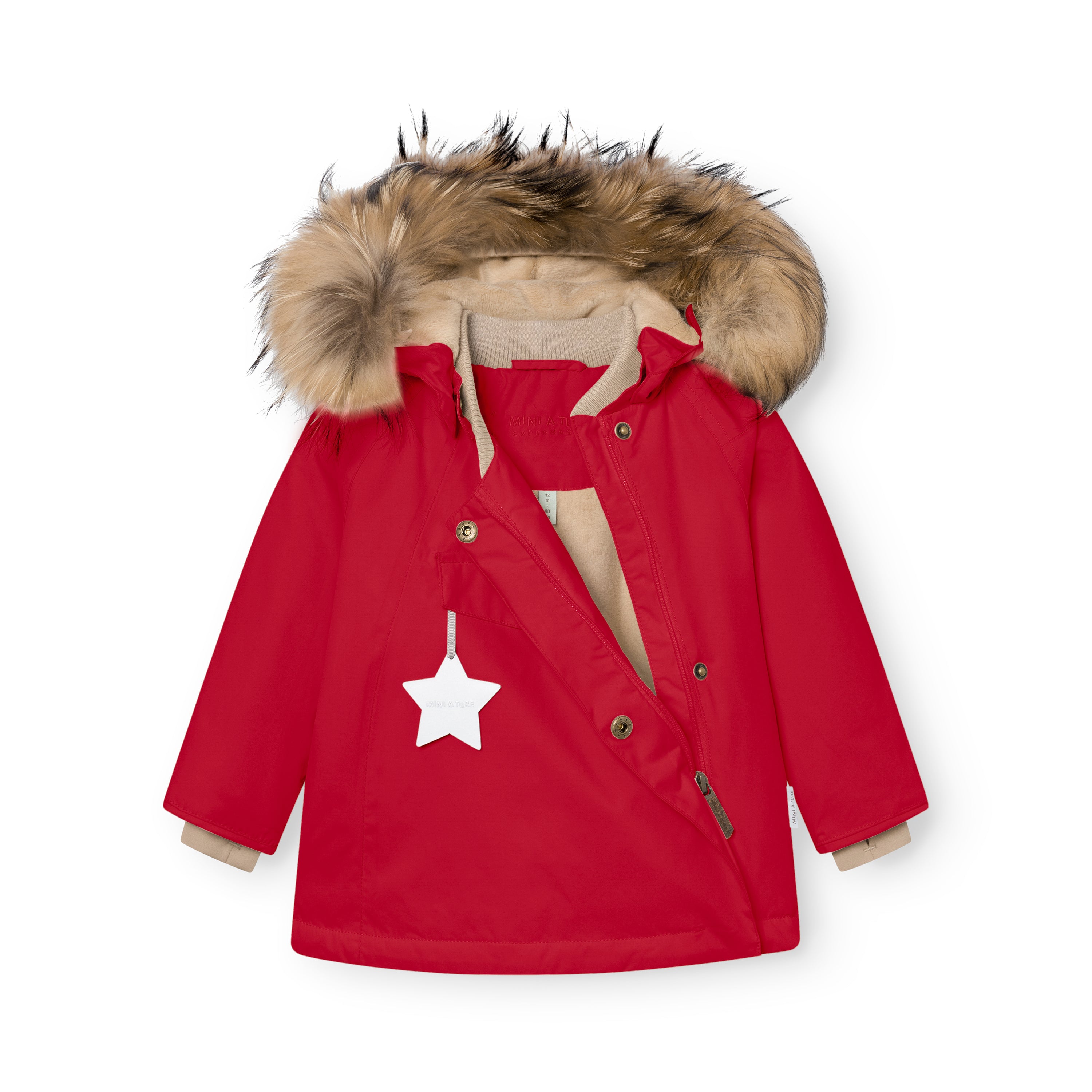MATWANG fleece lined winter jacket in red laid flat with the hood open to show the detachable real fur trim and beige ribbed collar, press-stud placket partially open to reveal the hidden slanted zip and beige fleece lining, white reflective star zip pull on the chest pocket, and beige fleece visible at the cuffs.