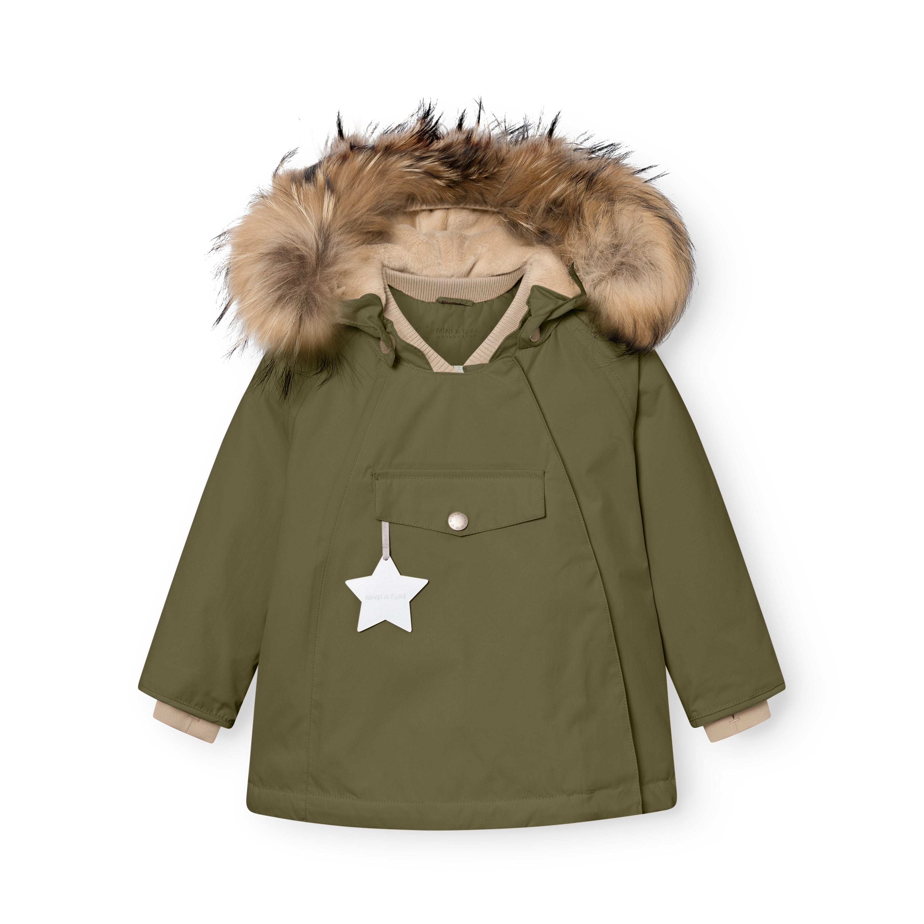 MATWANG fleece lined winter jacket in olive green with a detachable real fur hood, beige ribbed collar visible at the neckline, white reflective star zip pull on the chest pocket, press-stud placket concealing the hidden slanted zip, and beige fleece lining showing at the cuffs.