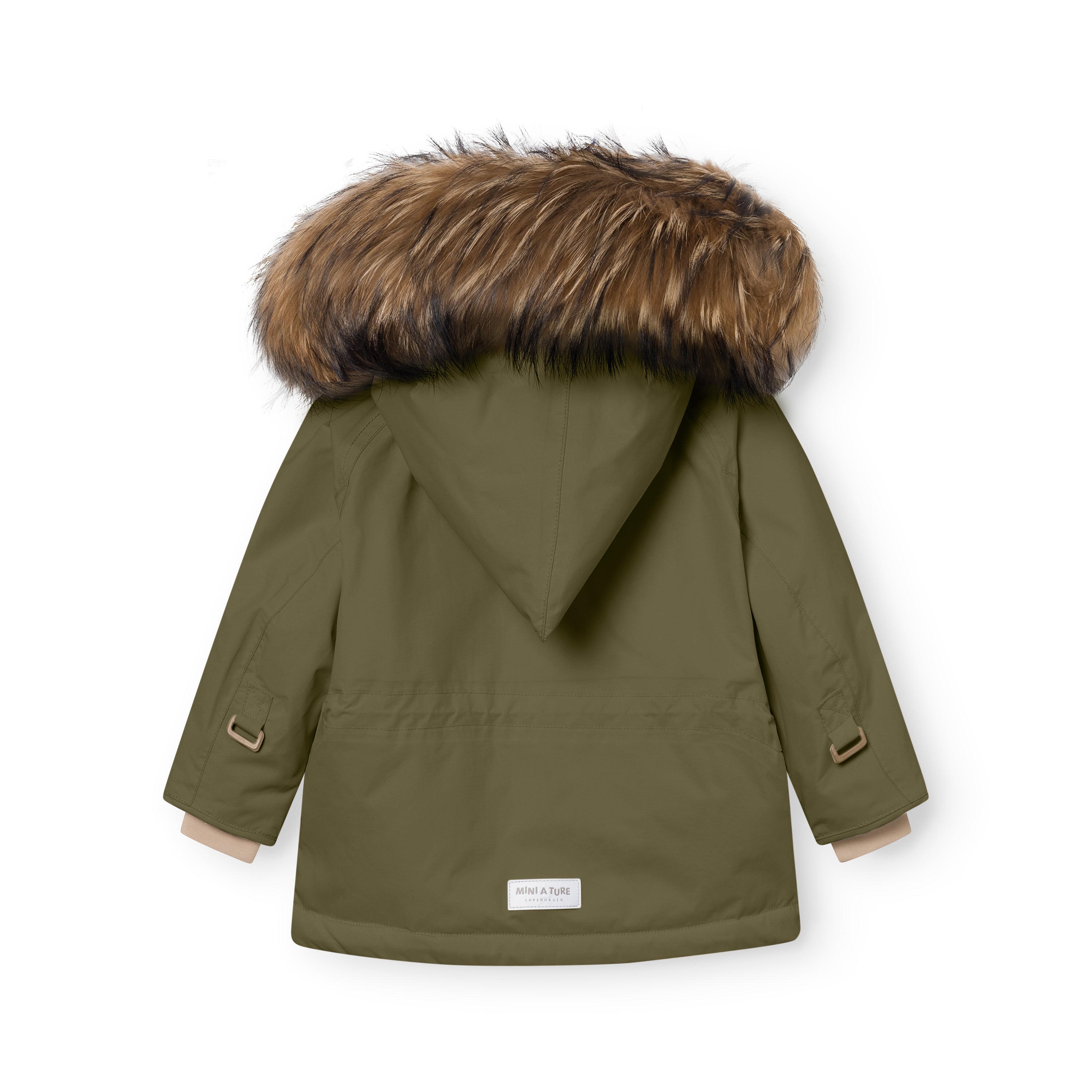 Rear view of the MATWANG fleece lined winter jacket in olive green showing the detachable real fur hood, waterproof recycled nylon shell, beige fleece lining visible at the cuffs, and MINI A TURE label at the hem.