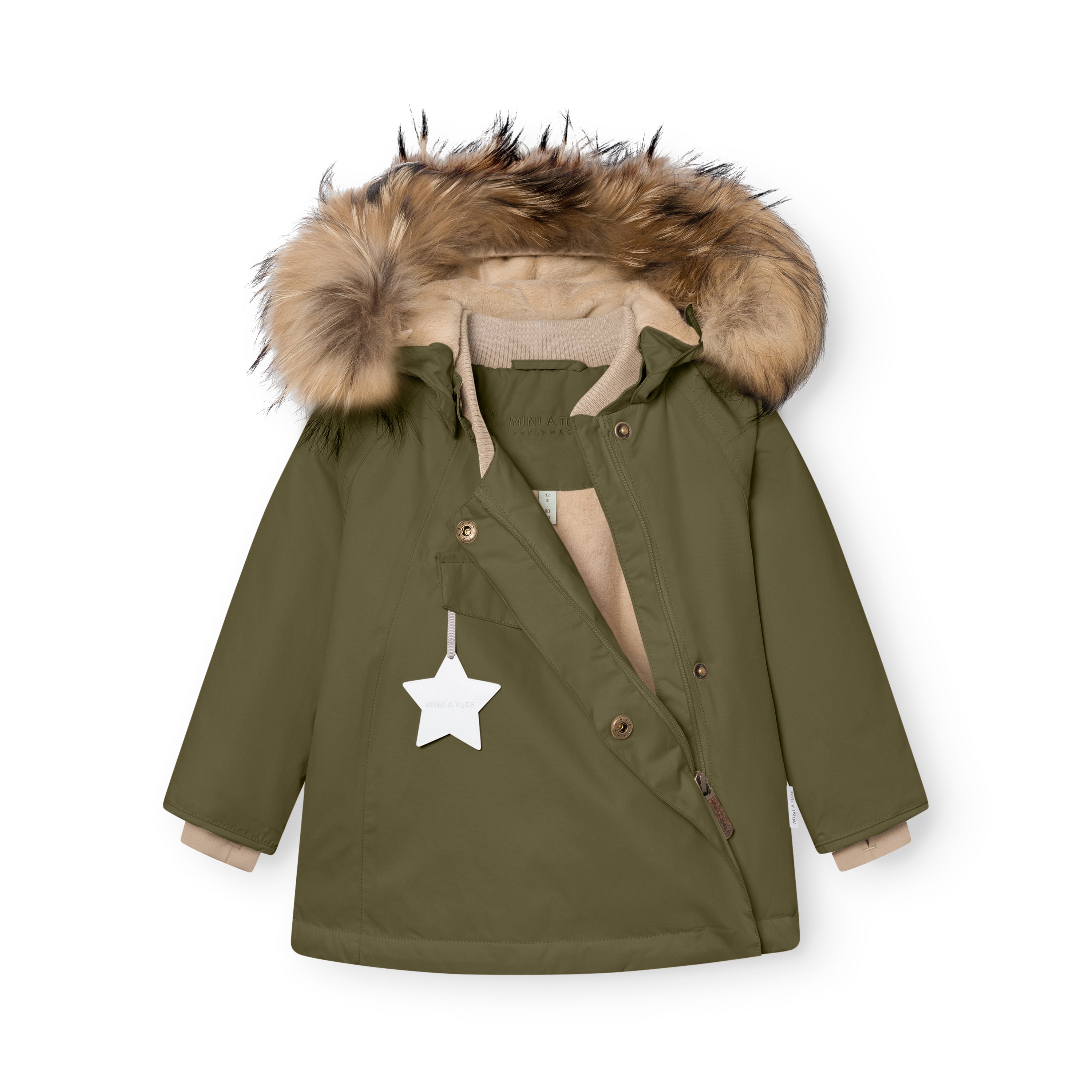 MATWANG fleece lined winter jacket in olive green with the press-stud placket open to show the hidden slanted zip and beige fleece lining, detachable real fur hood trim, beige ribbed collar at the neckline, white reflective star zip pull on the chest pocket, and beige fleece cuff lining visible at the sleeves.